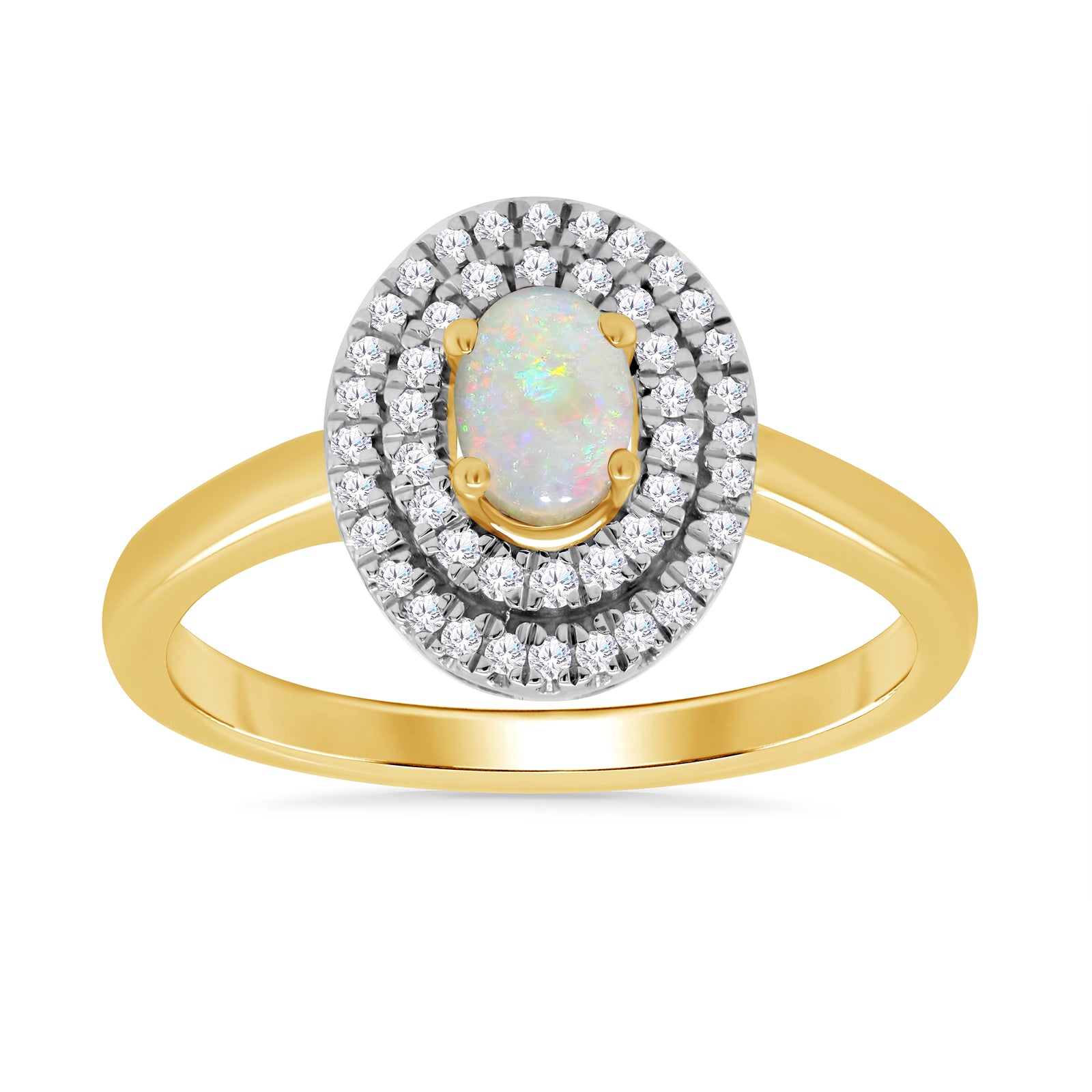 9ct gold 6x4mm oval opal & two row diamond cluster ring 0.27ct