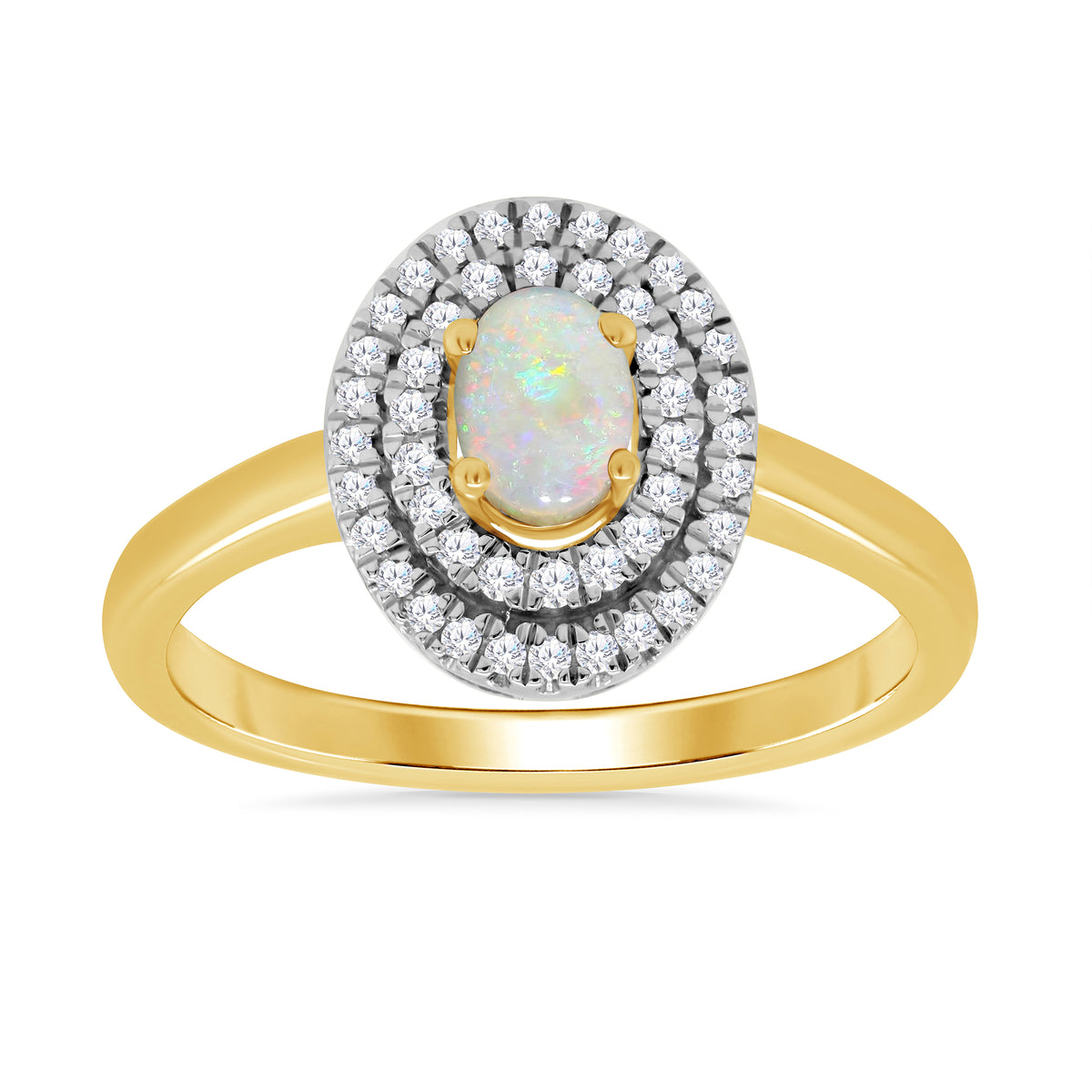 9ct gold 6x4mm oval opal &amp; two row diamond cluster ring 0.27ct