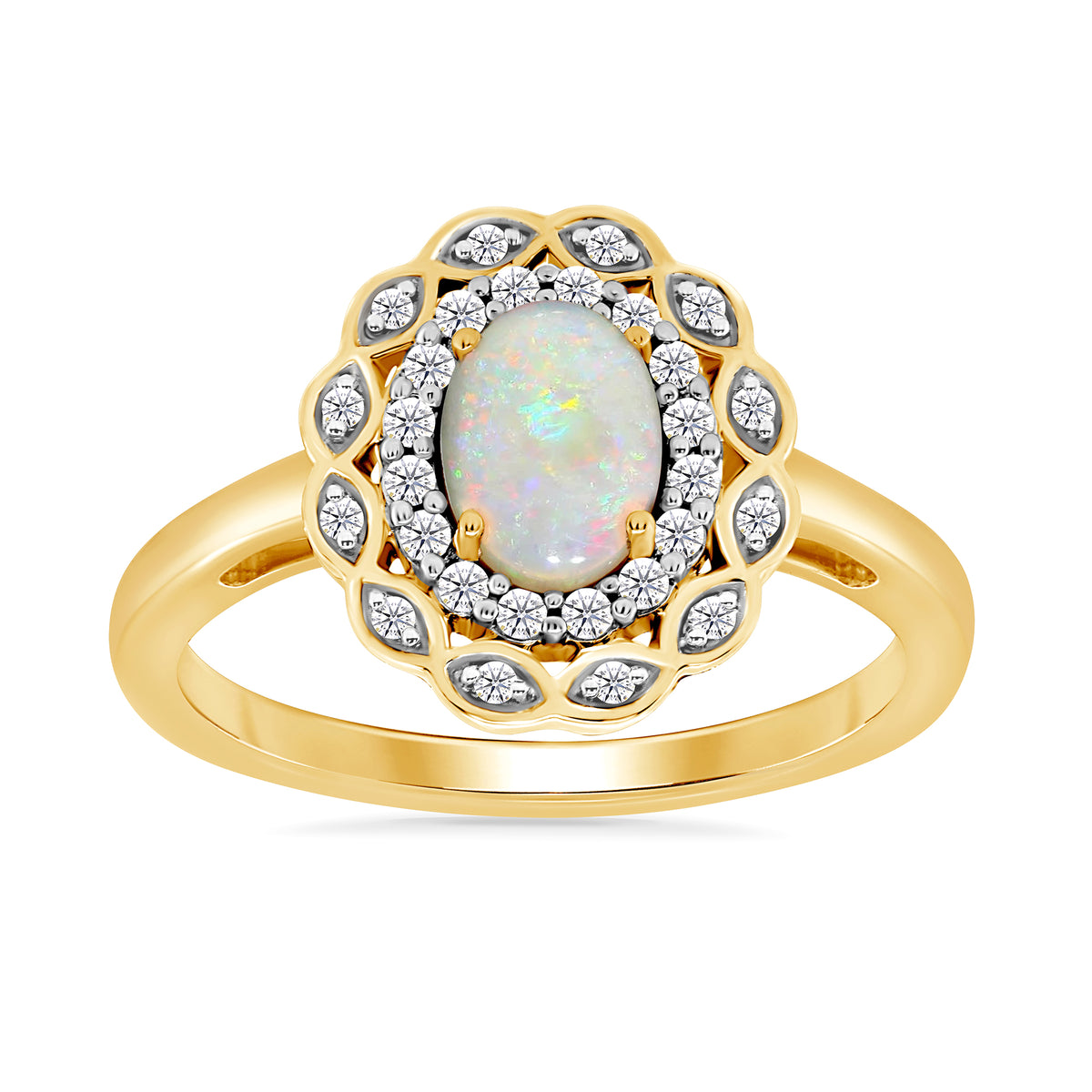 9ct gold 7x5mm oval opal &amp; two row diamond cluster ring 0.16ct