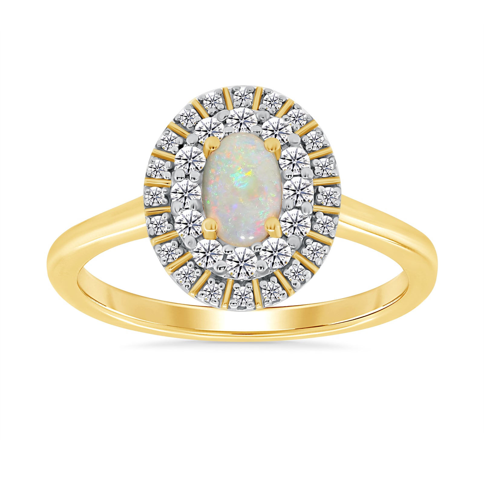9ct gold 6x4mm oval opal & two row diamond cluster ring 0.28ct