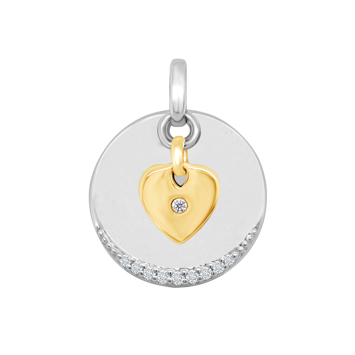 9ct white/yellow gold 13mm circle &amp; diamond set heart pendant 0.04ct