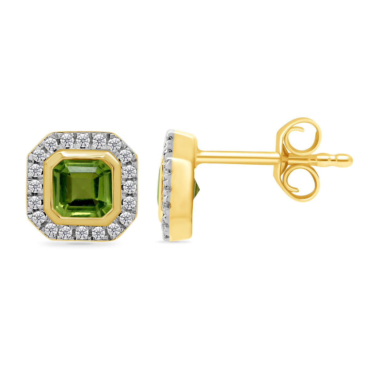 9ct gold 4mm square peridot &amp; diamond set cluster stud earrings 0.13ct