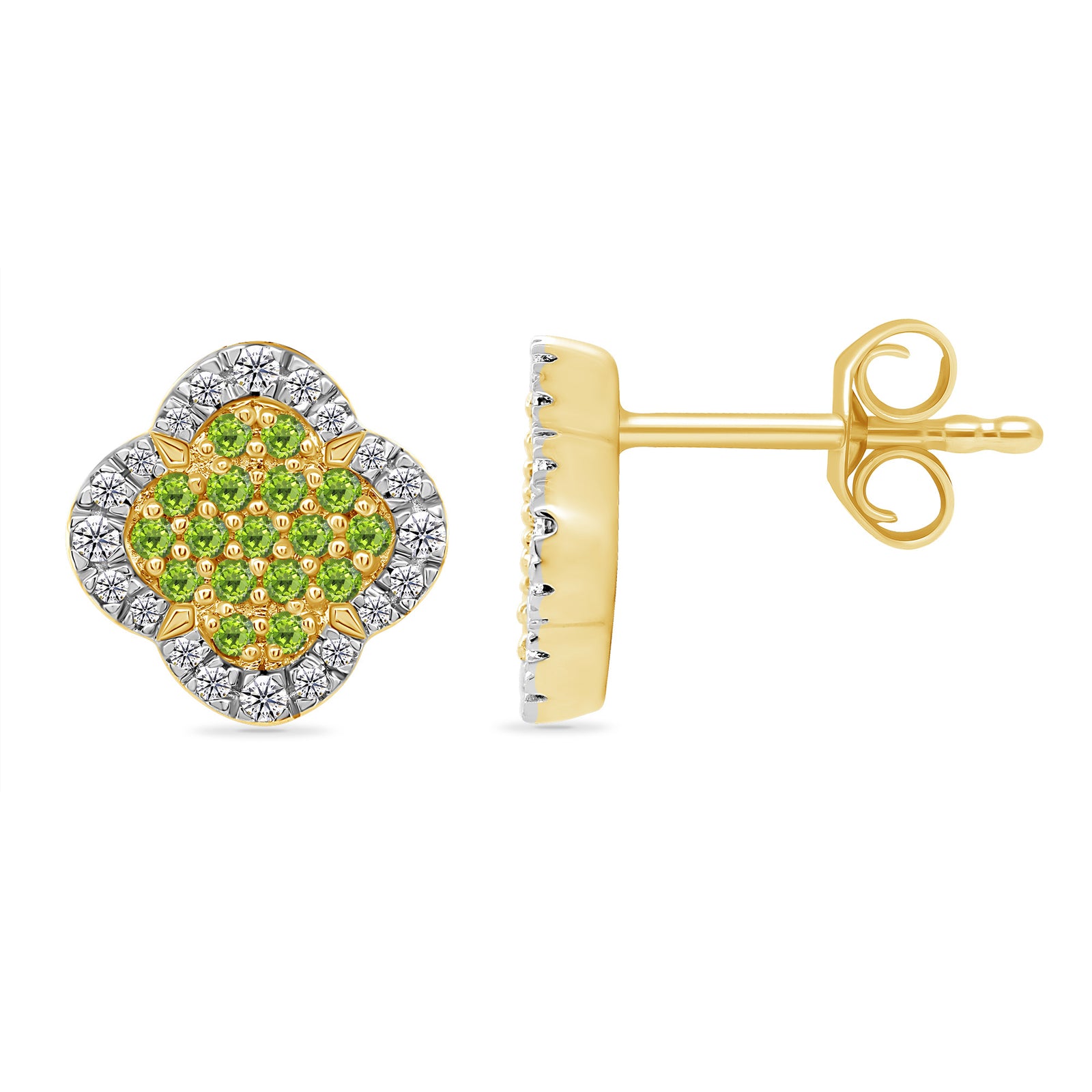 9ct gold clover shape peridot & diamond set cluster stud earrings 0.15ct