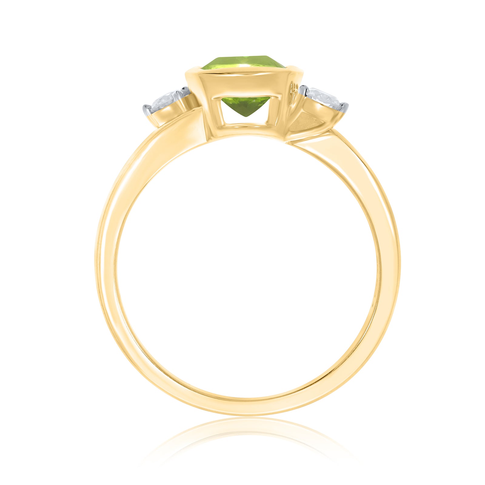 9ct gold 6mm cushion shape rub over set peridot & diamond ring 0.14ct