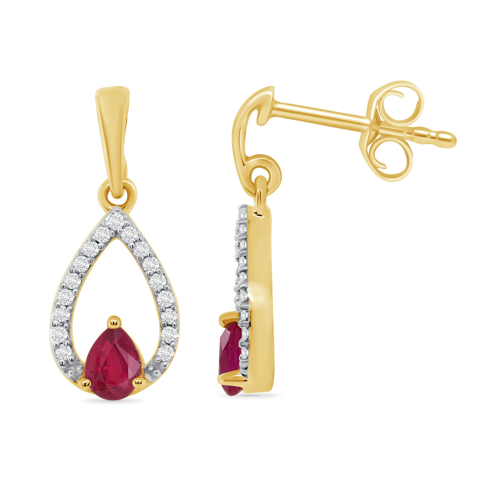 9ct gold 4x3mm pear shape ruby & diamond drop earrings 0.10ct