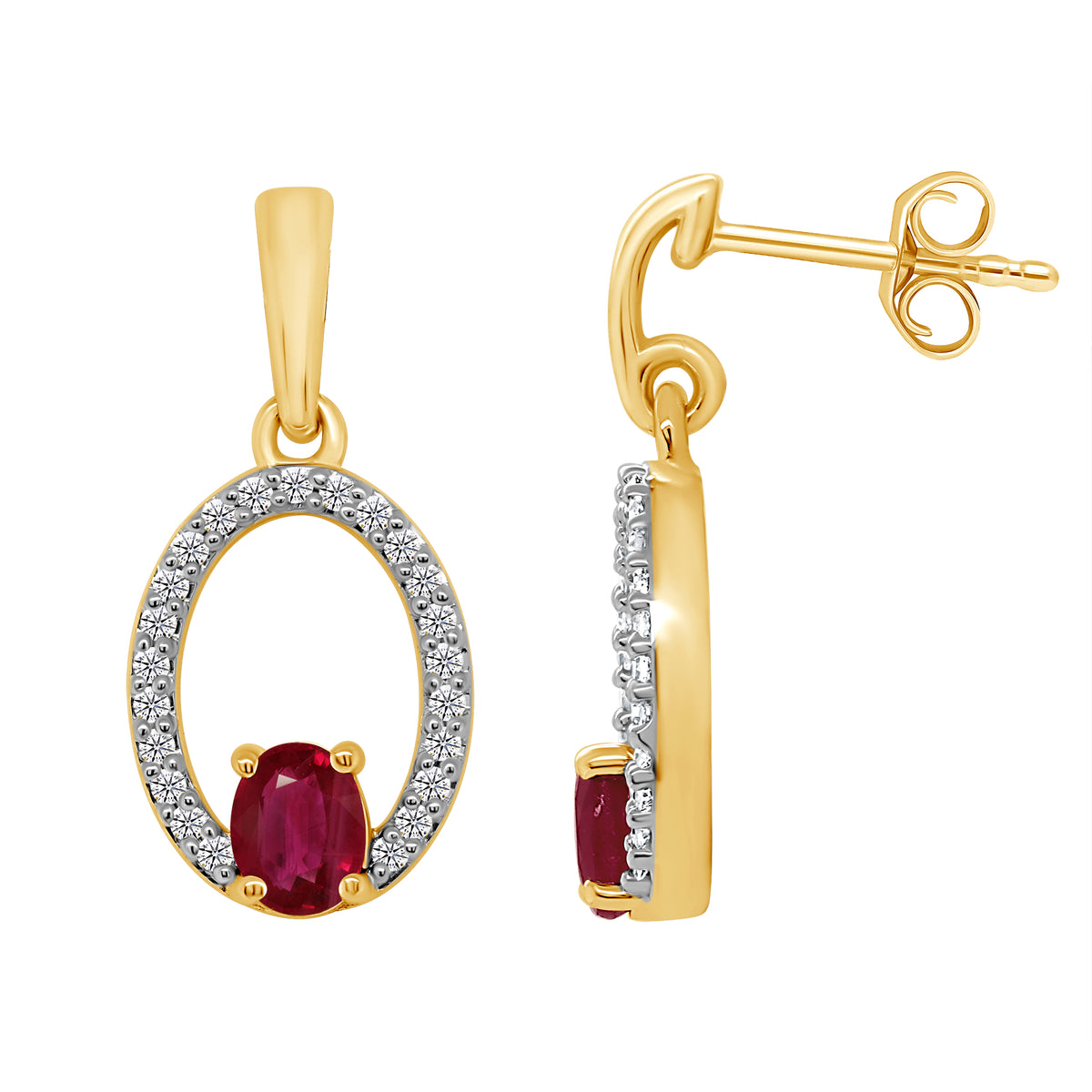9ct gold 4x3mm oval ruby &amp; diamond drop earrings 0.14ct