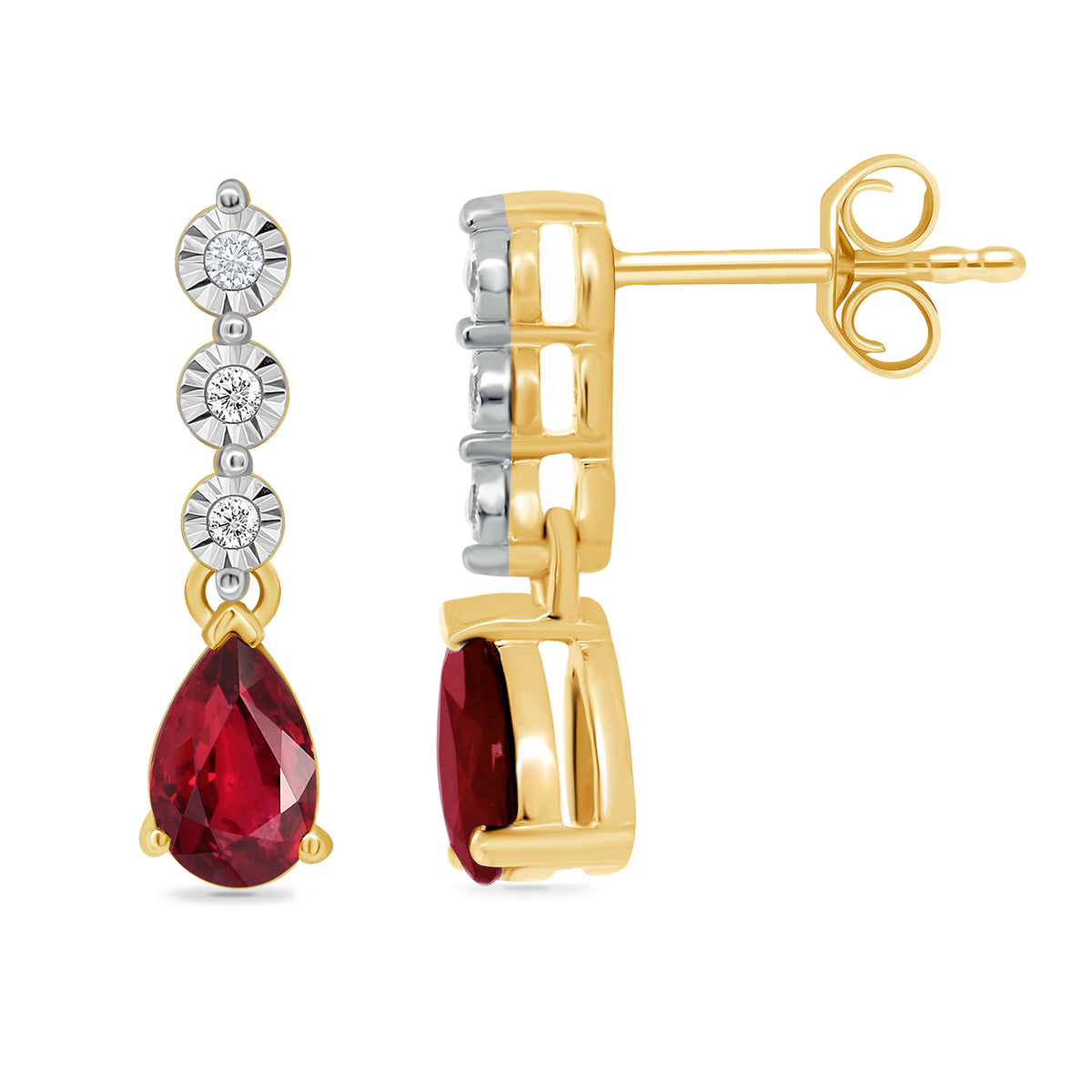 9ct gold 5x4mm pear shape ruby &amp; miracle plate diamond drop earrings 0.02ct