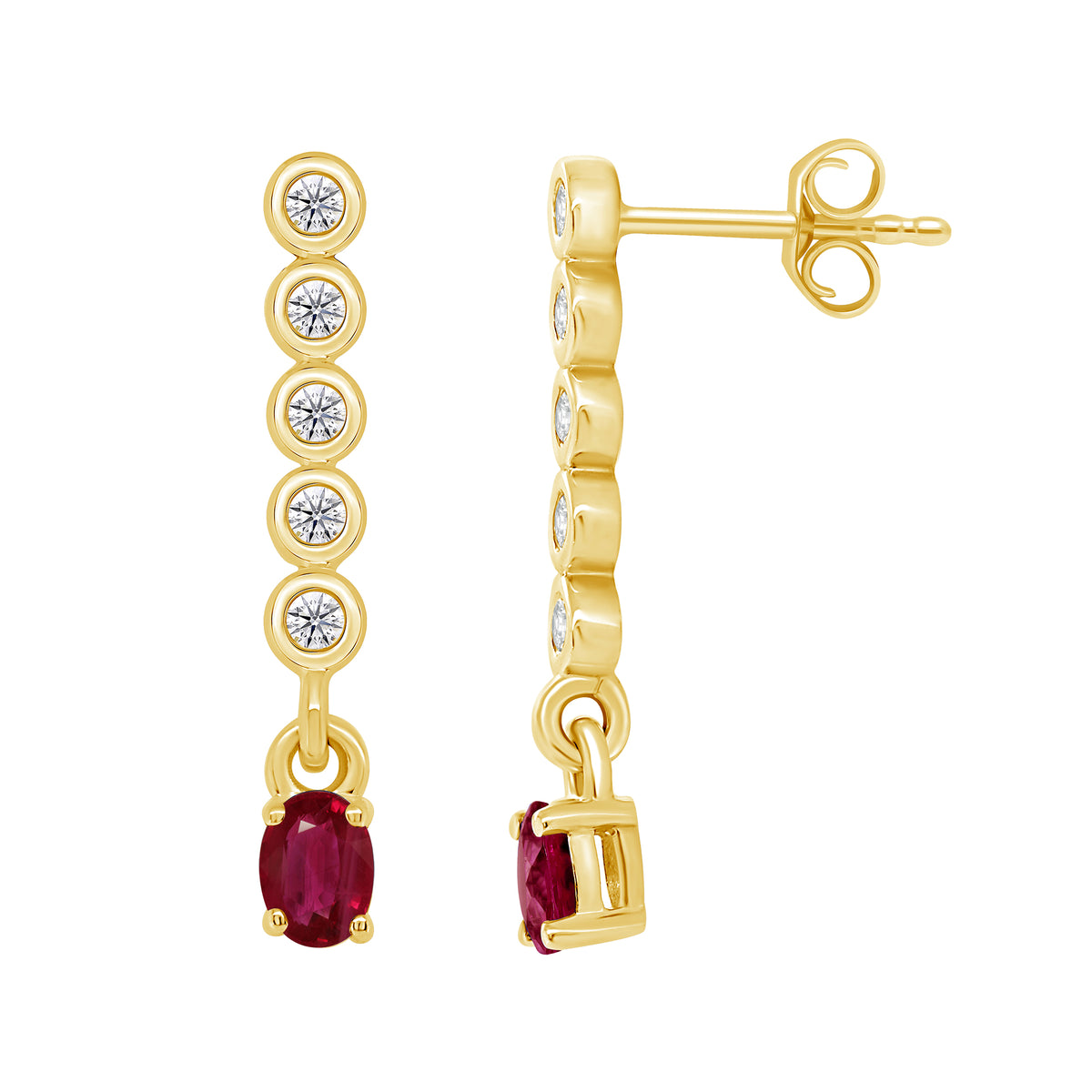 9ct gold 3.5x2.5mm oval ruby &amp; diamond long drop earrings 0.10ct