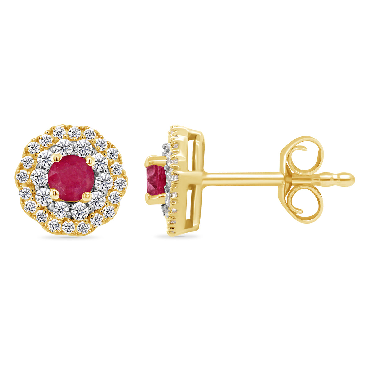 9ct gold 3.30mm ruby &amp; diamond two row cluster stud earrings 0.26ct