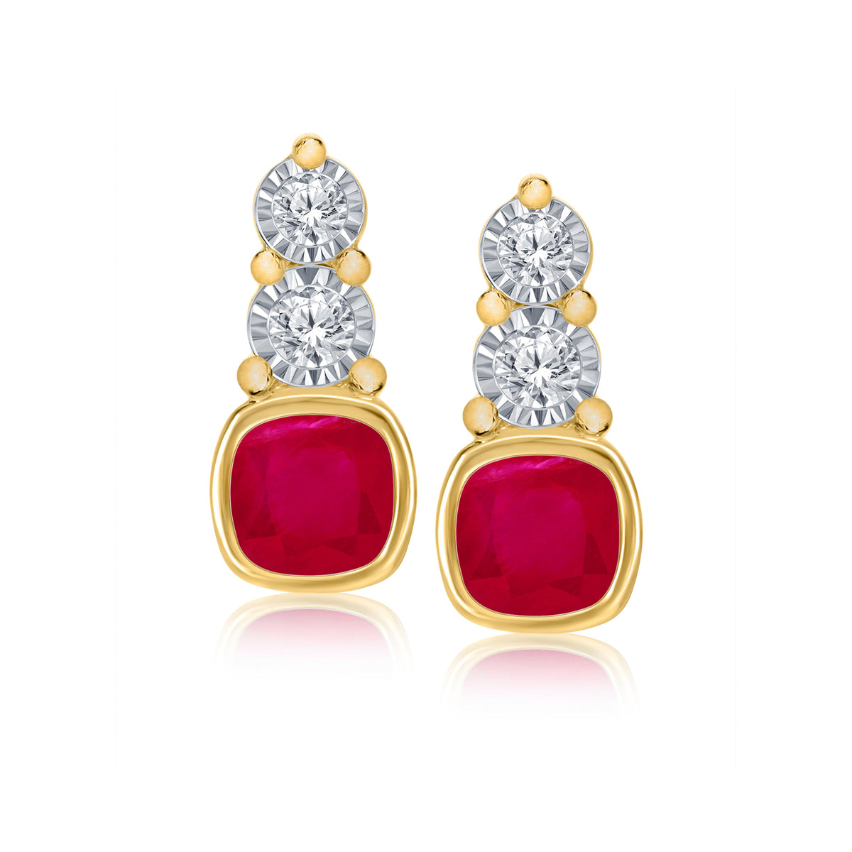 9ct gold 4mm cushion shape ruby &amp; miracle plate diamond studs earrings 0.06ct