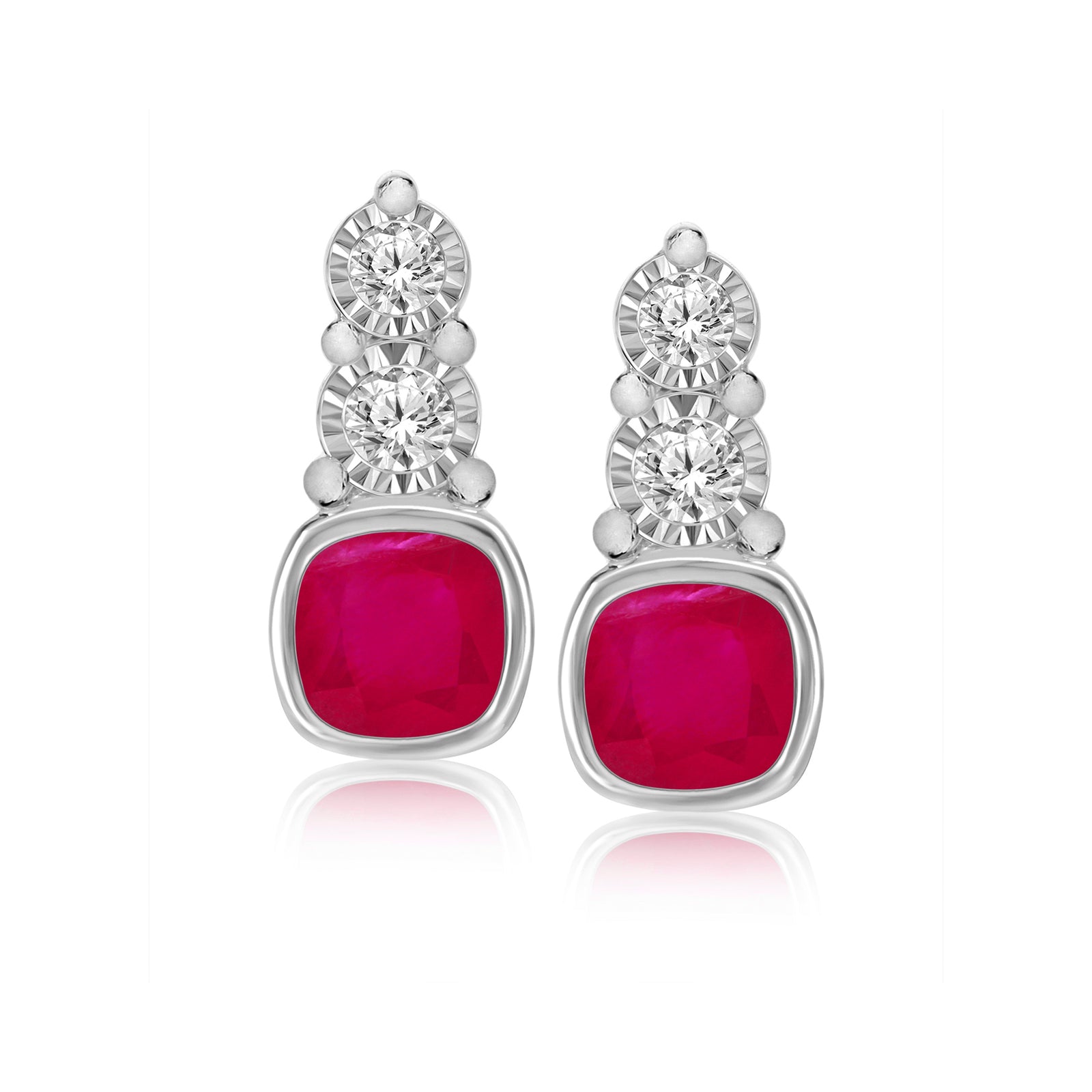 9ct white gold 4mm cushion shape ruby & miracle plate diamond studs earrings 0.06ct
