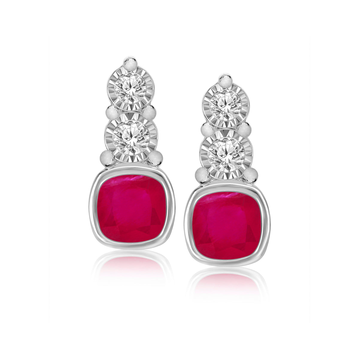 9ct white gold 4mm cushion shape ruby &amp; miracle plate diamond studs earrings 0.06ct