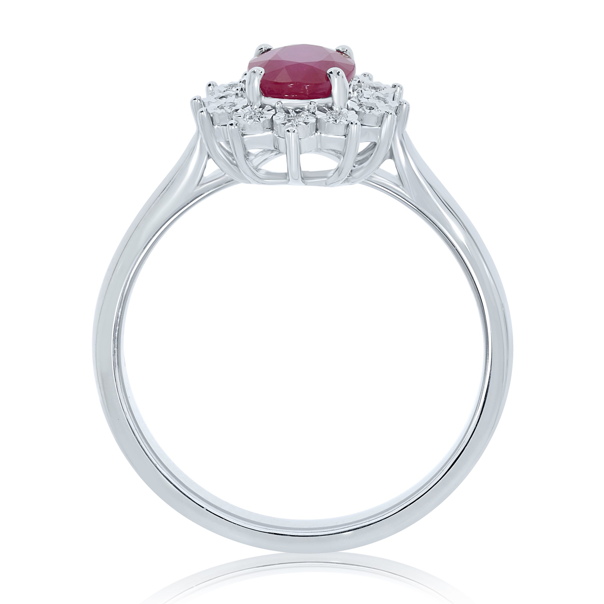 9ct white gold 7x5mm oval ruby & miracle plate diamond cluster ring 0.04ct