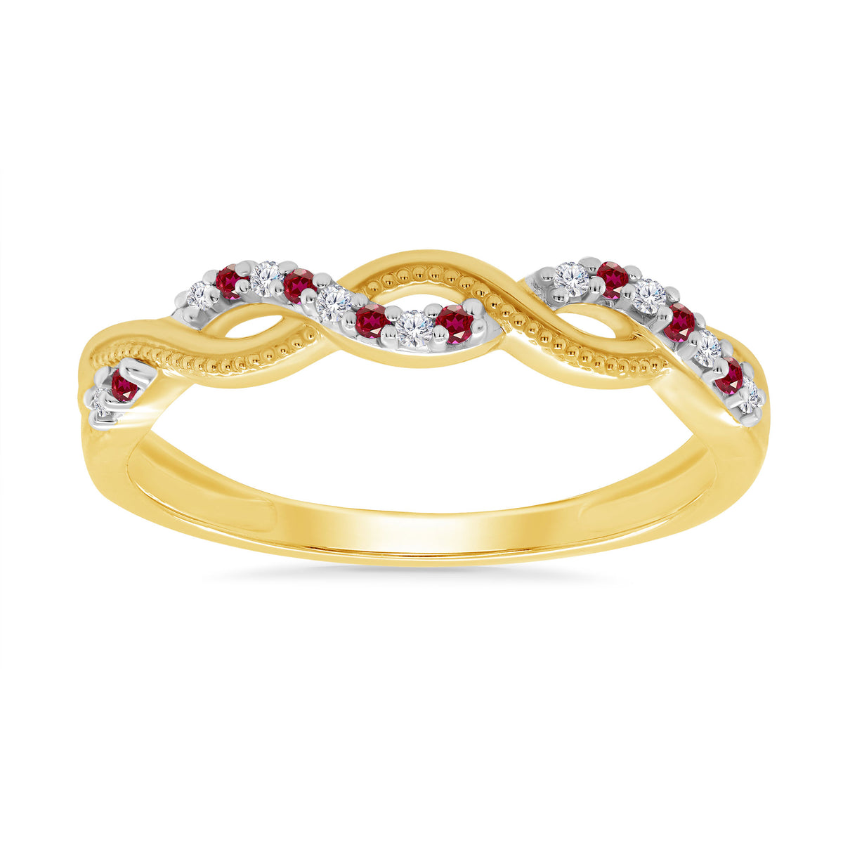 9ct gold ruby &amp; diamond swirl half eternity ring 0.05ct