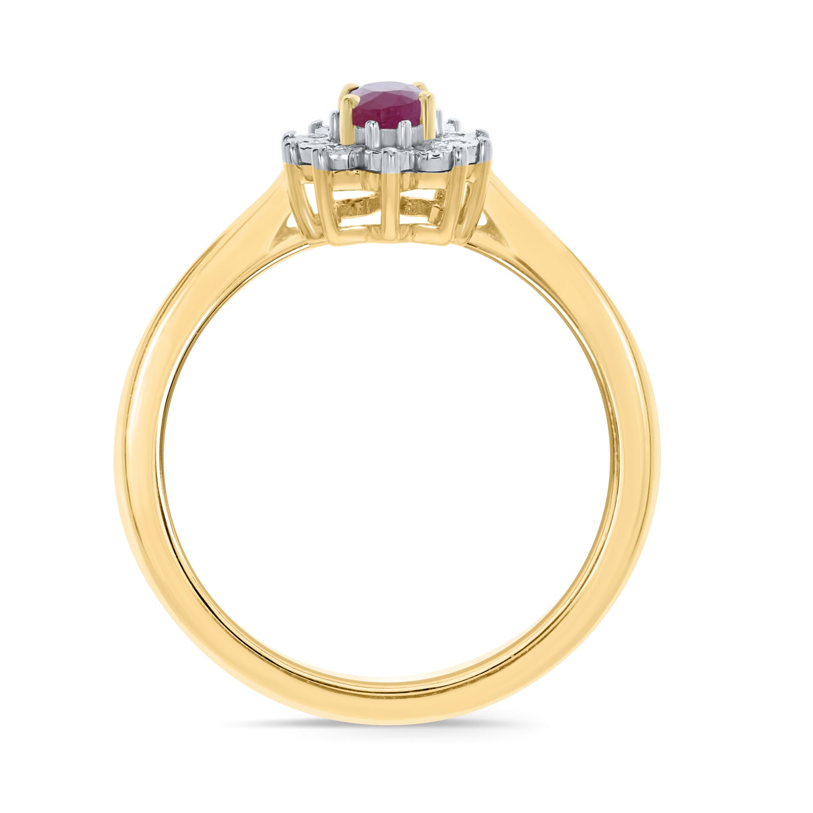 9ct gold 5x3mm oval ruby & miracle plate diamond cluster ring 0.03ct