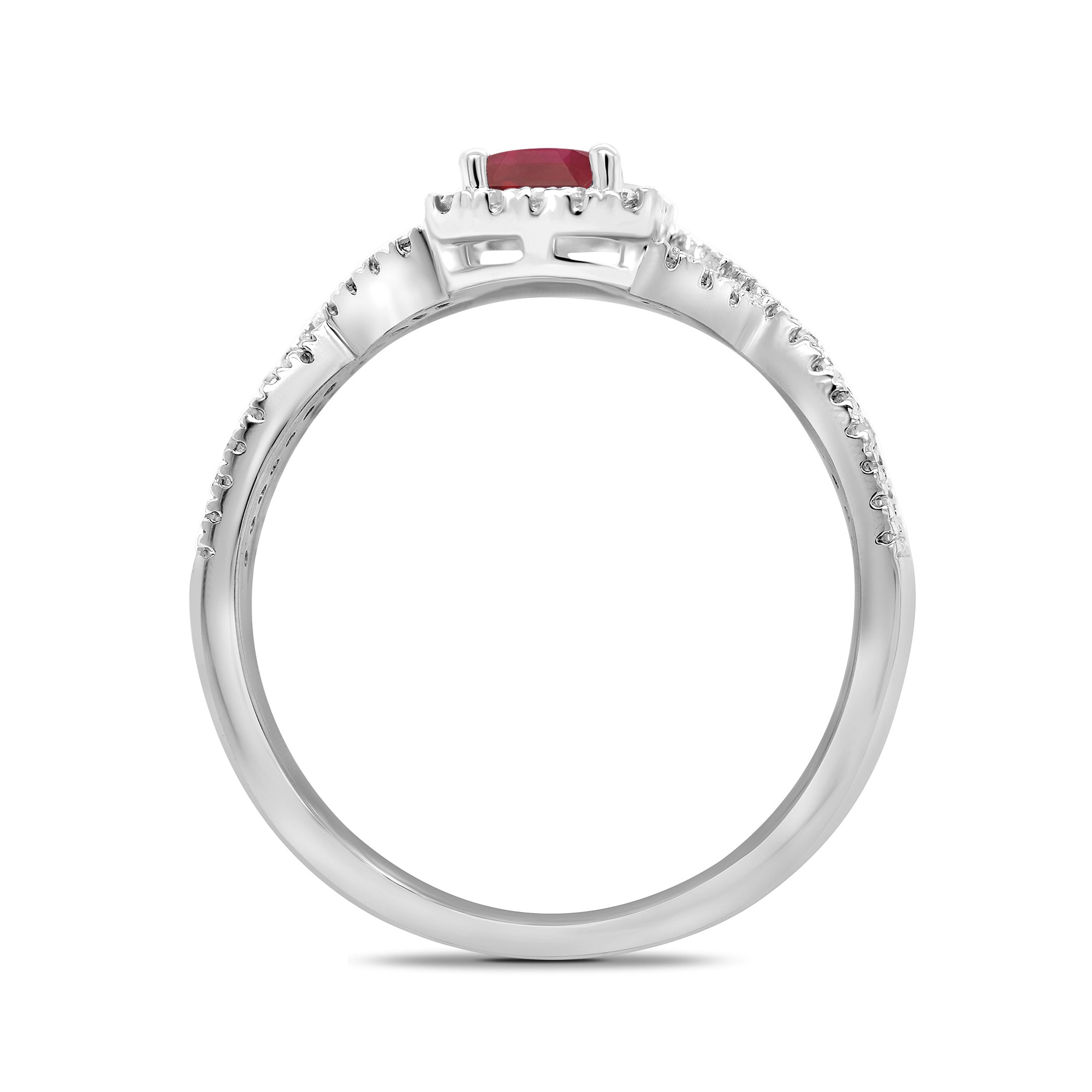 9ct white gold 6x4mm octagon ruby & diamond cluster ring with diamond set crossover shoulders 0.21ct