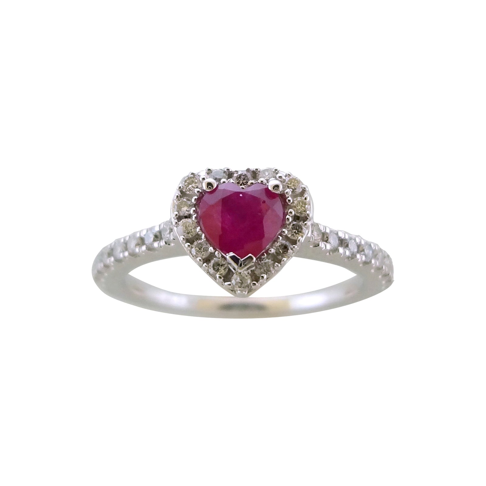 9ct white gold 5mm heart shape ruby & diamond cluster ring 0.25ct