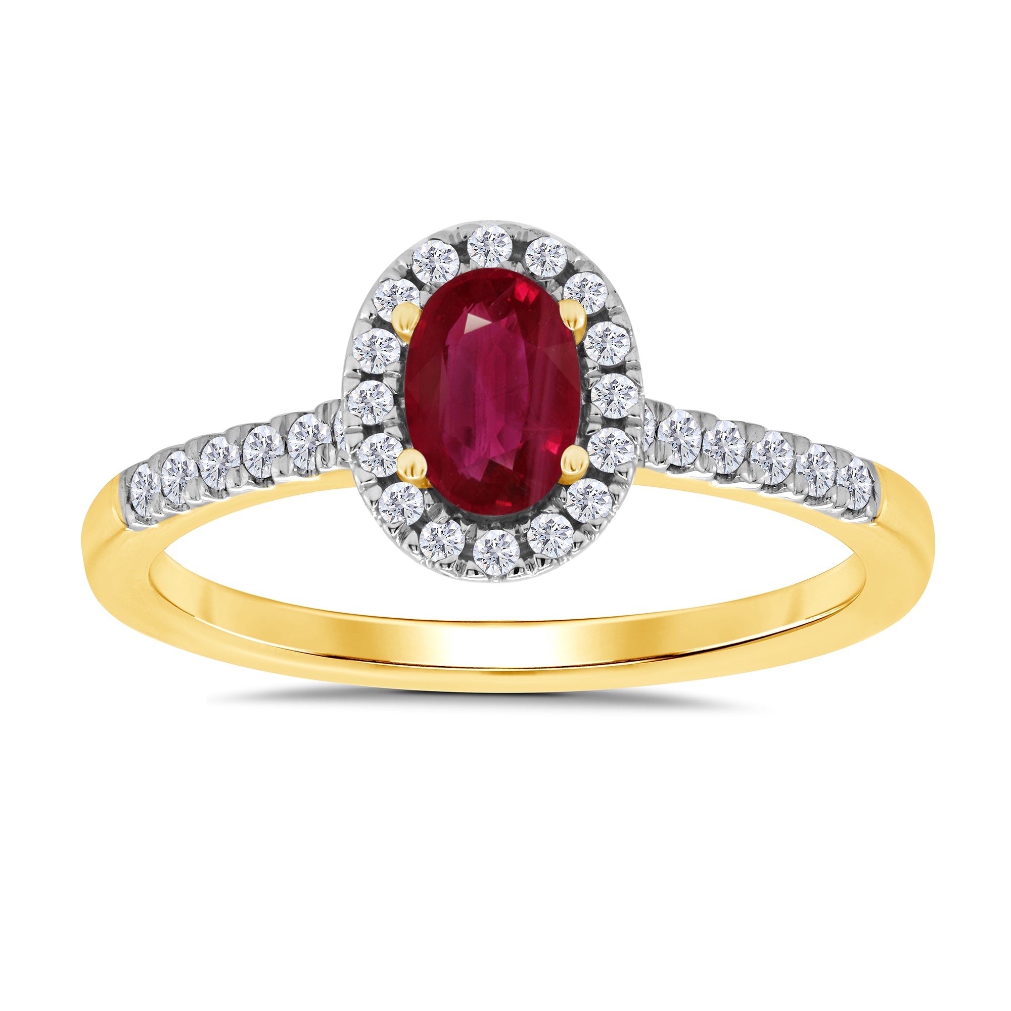 9ct gold 6x4mm oval ruby & diamond cluster ring with diamond set shoulders 0.20ct
