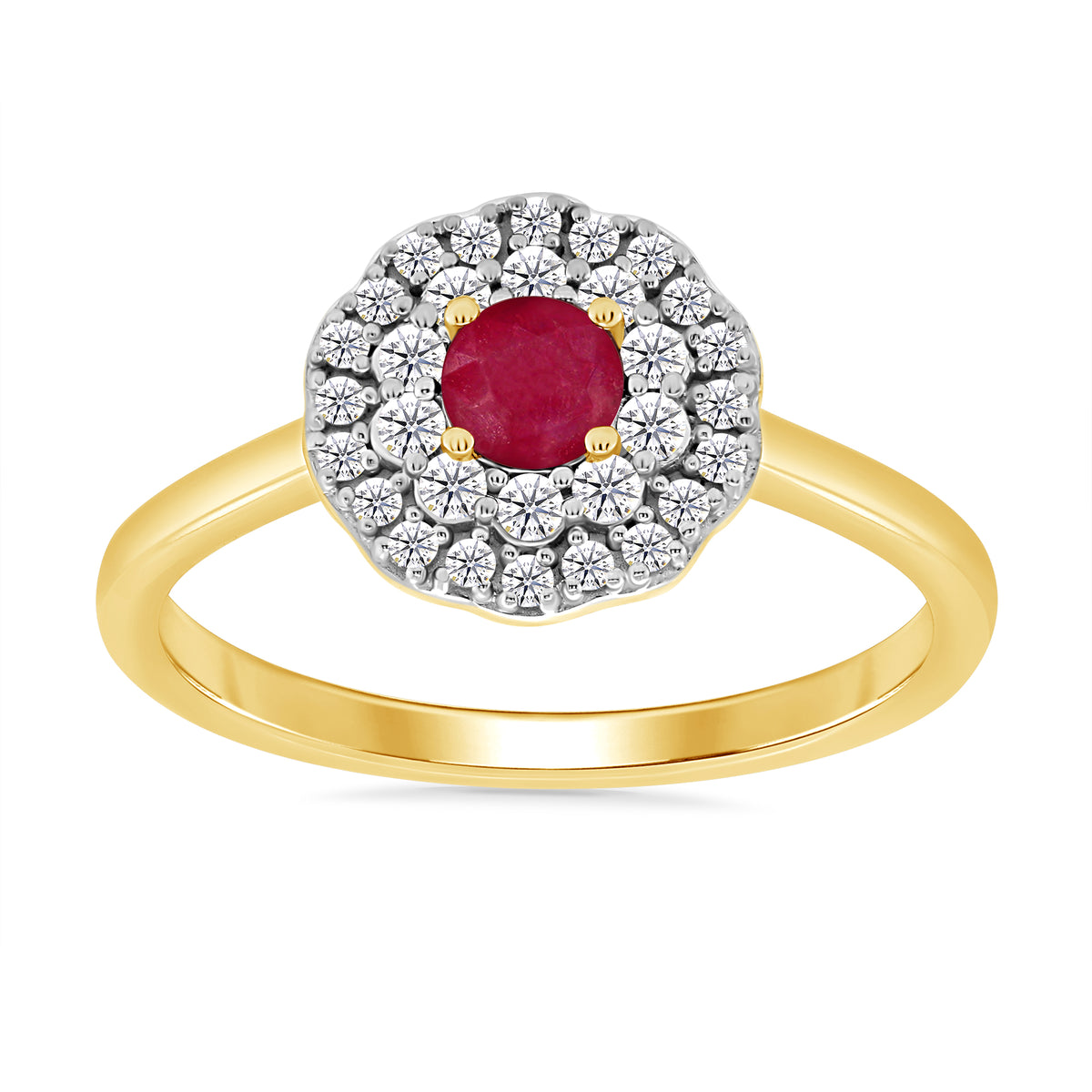 9ct gold 4mm ruby &amp; two row diamond cluster ring 0.25ct