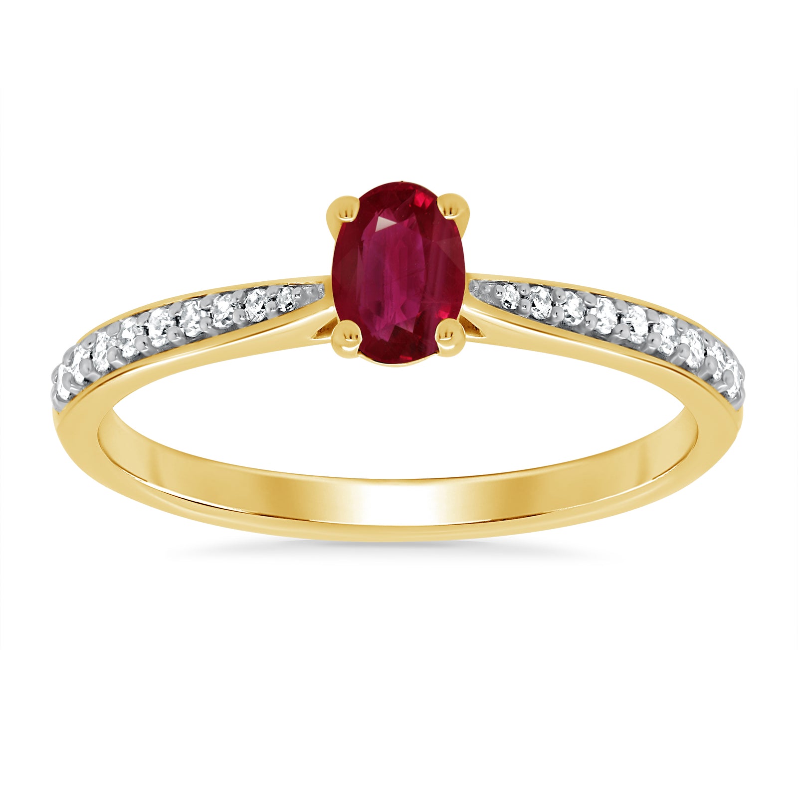 9ct gold 6x4mm oval ruby & diamond set shoulders ring 0.12ct