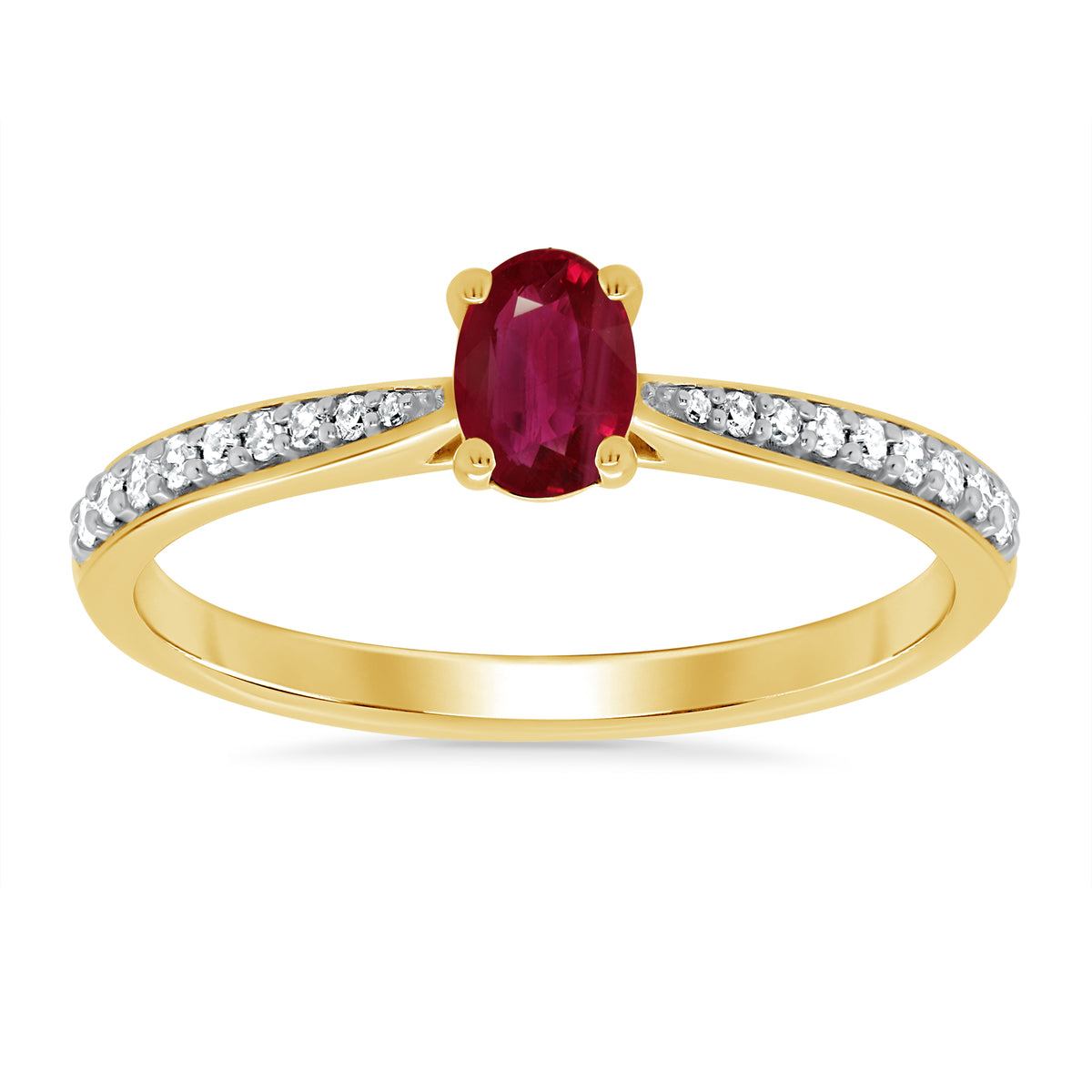 9ct gold 6x4mm oval ruby &amp; diamond set shoulders ring 0.12ct