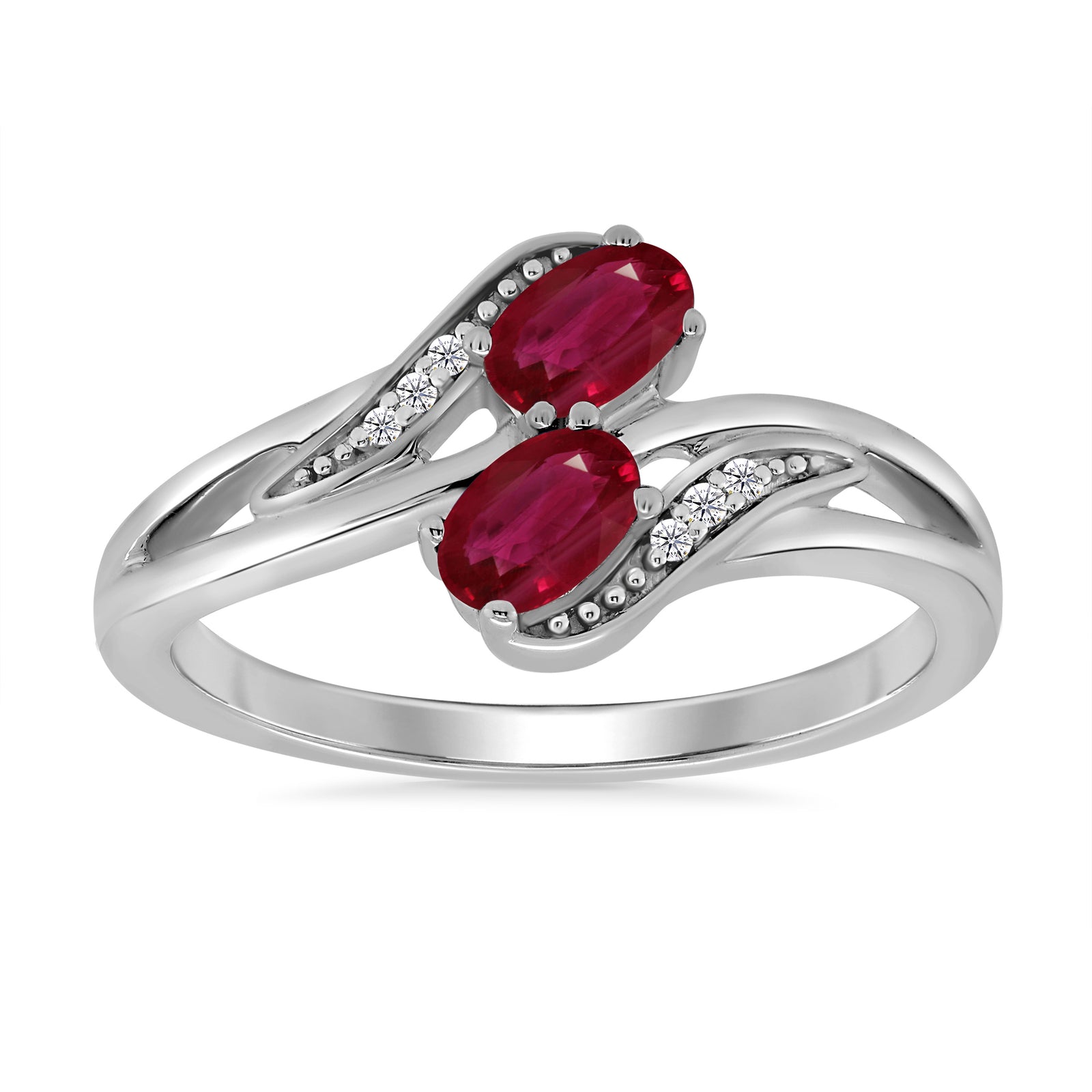 9ct white gold 5x3mm oval rubies & diamond cross over ring 0.02ct