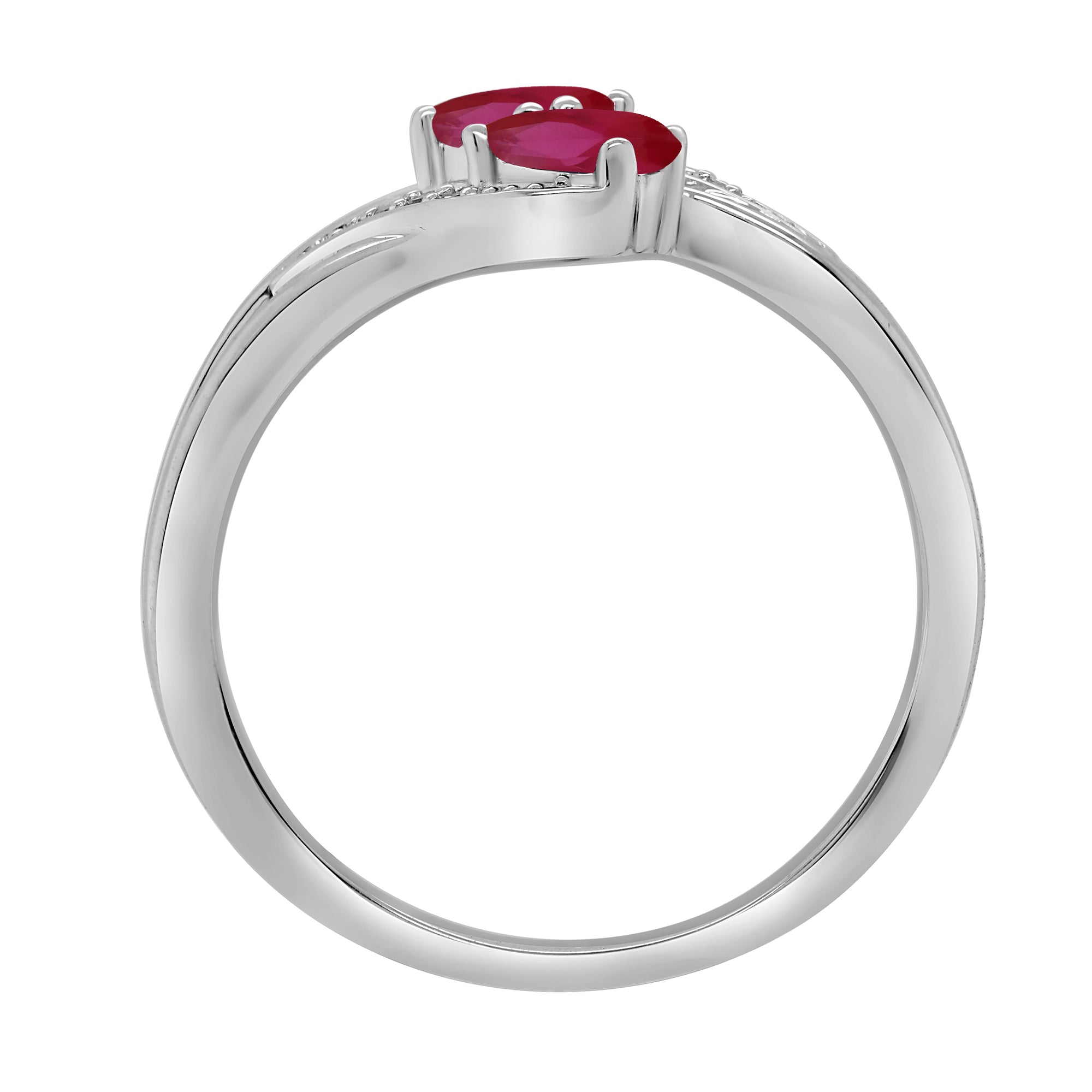 9ct white gold 5x3mm oval rubies & diamond cross over ring 0.02ct