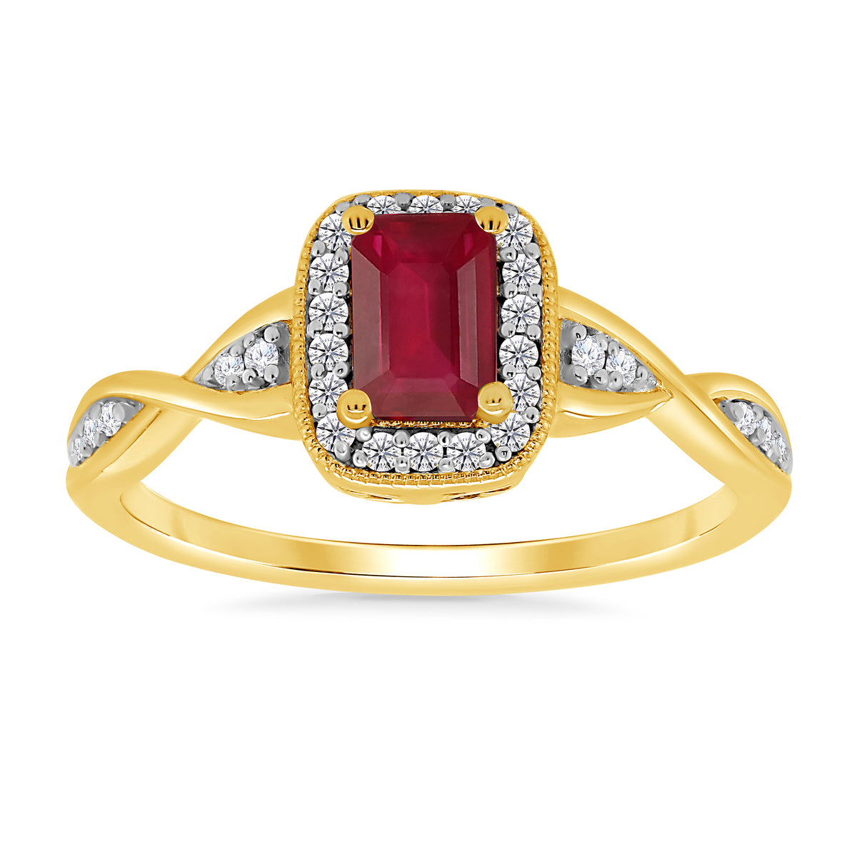 9ct gold 6x4mm octagon ruby &amp; diamond cluster ring 0.14ct
