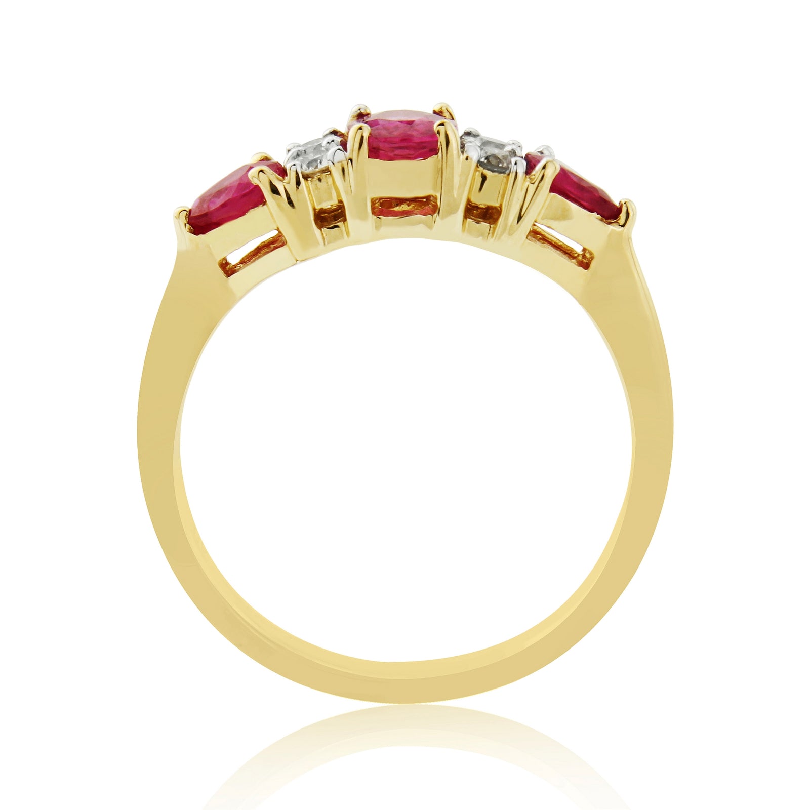 9ct 5x4mm oval ruby with two 4x3mm pear shape rubies & diamond ring 0.11ct