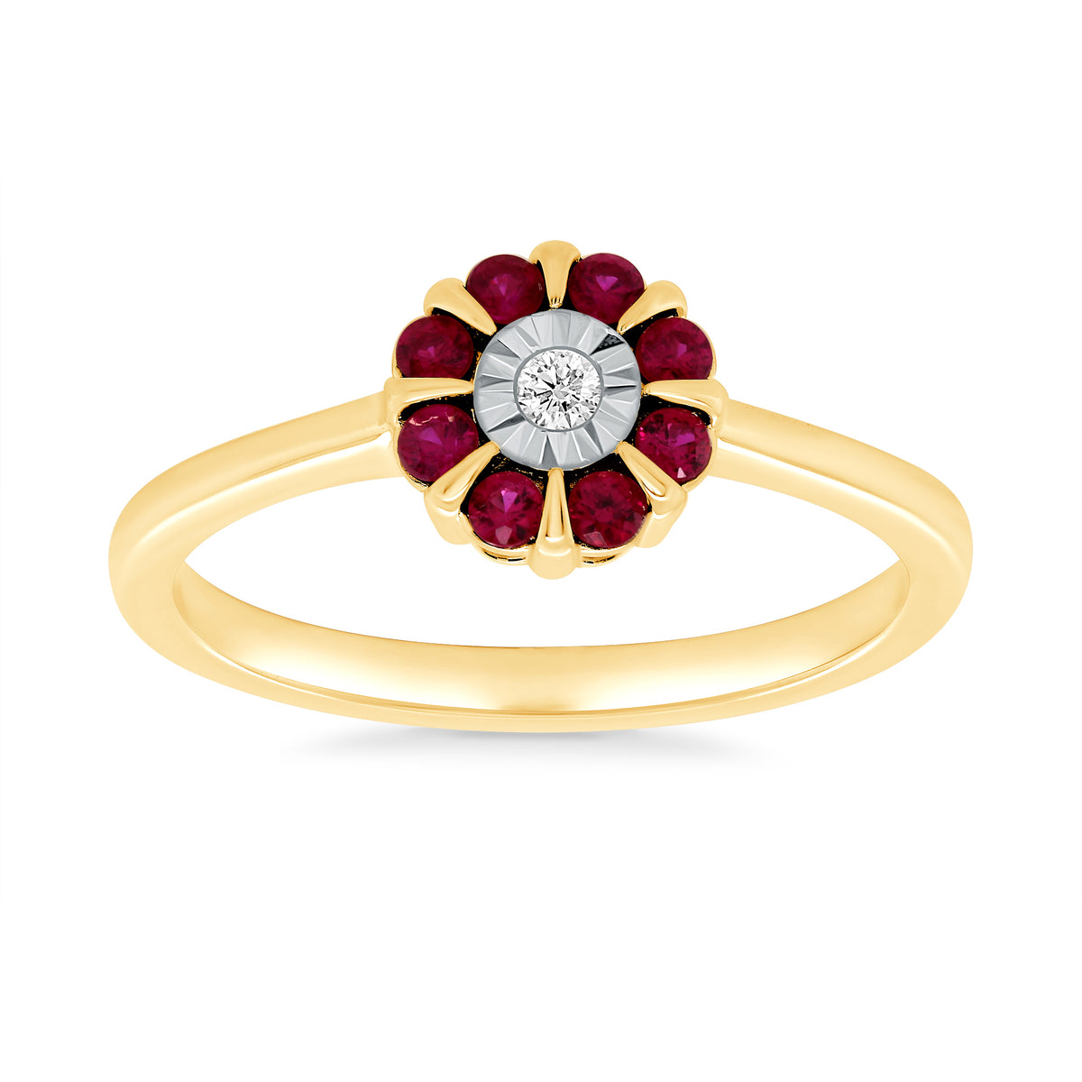 9ct gold miracle plate diamond &amp; ruby cluster ring 0.03ct