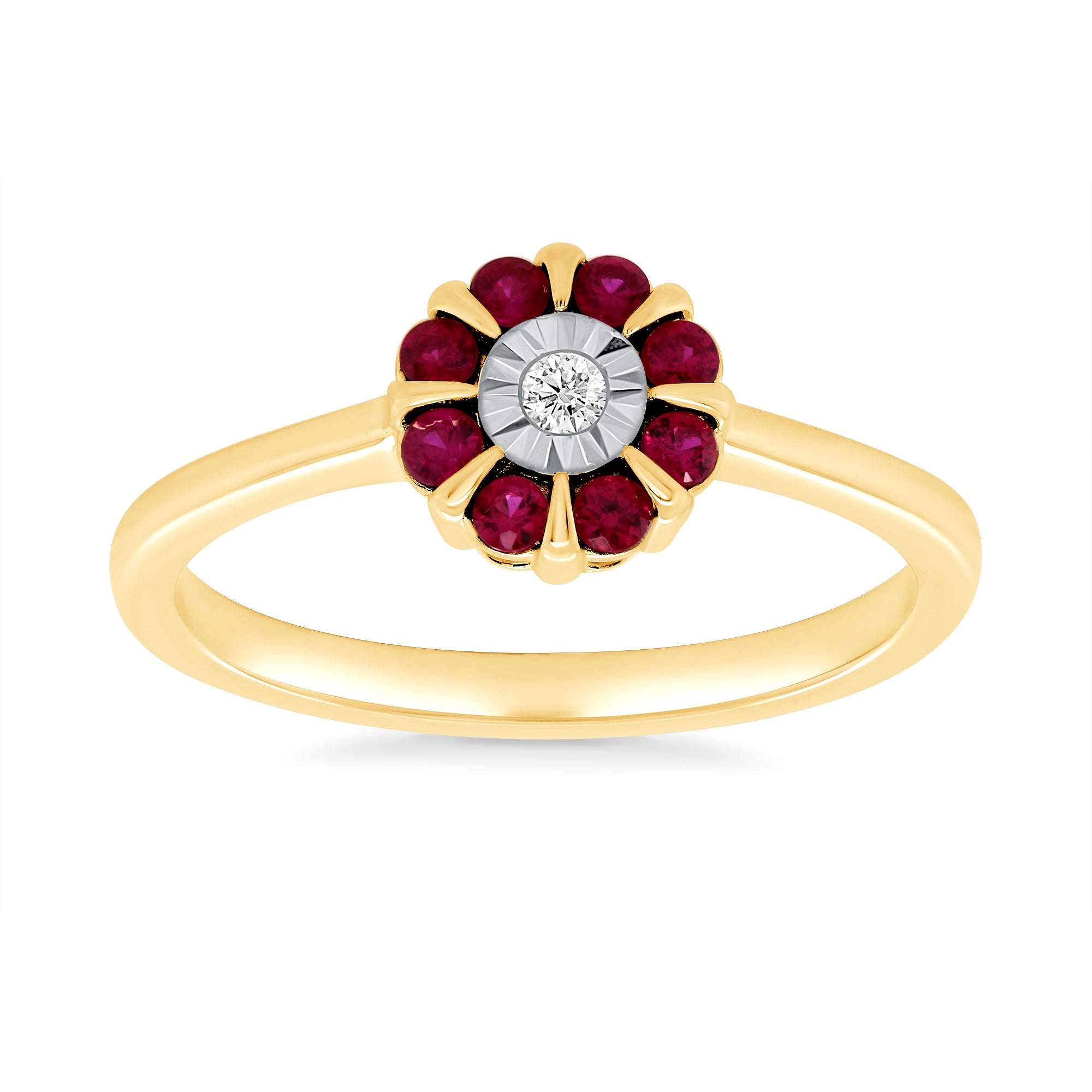 9ct gold miracle plate diamond & ruby cluster ring 0.03ct