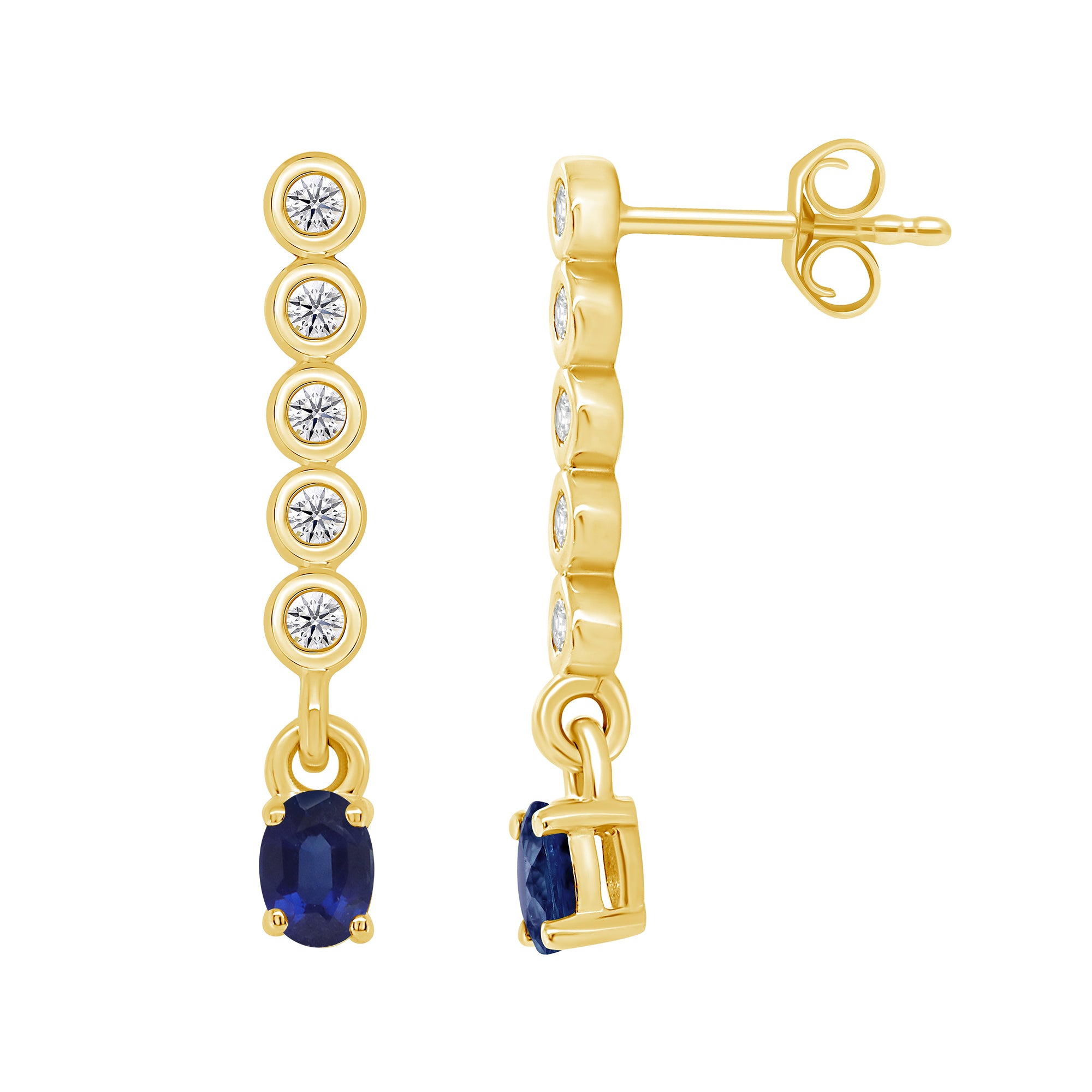 9ct gold 3.5x2.5mm oval sapphire & diamond long drop earrings 0.10ct