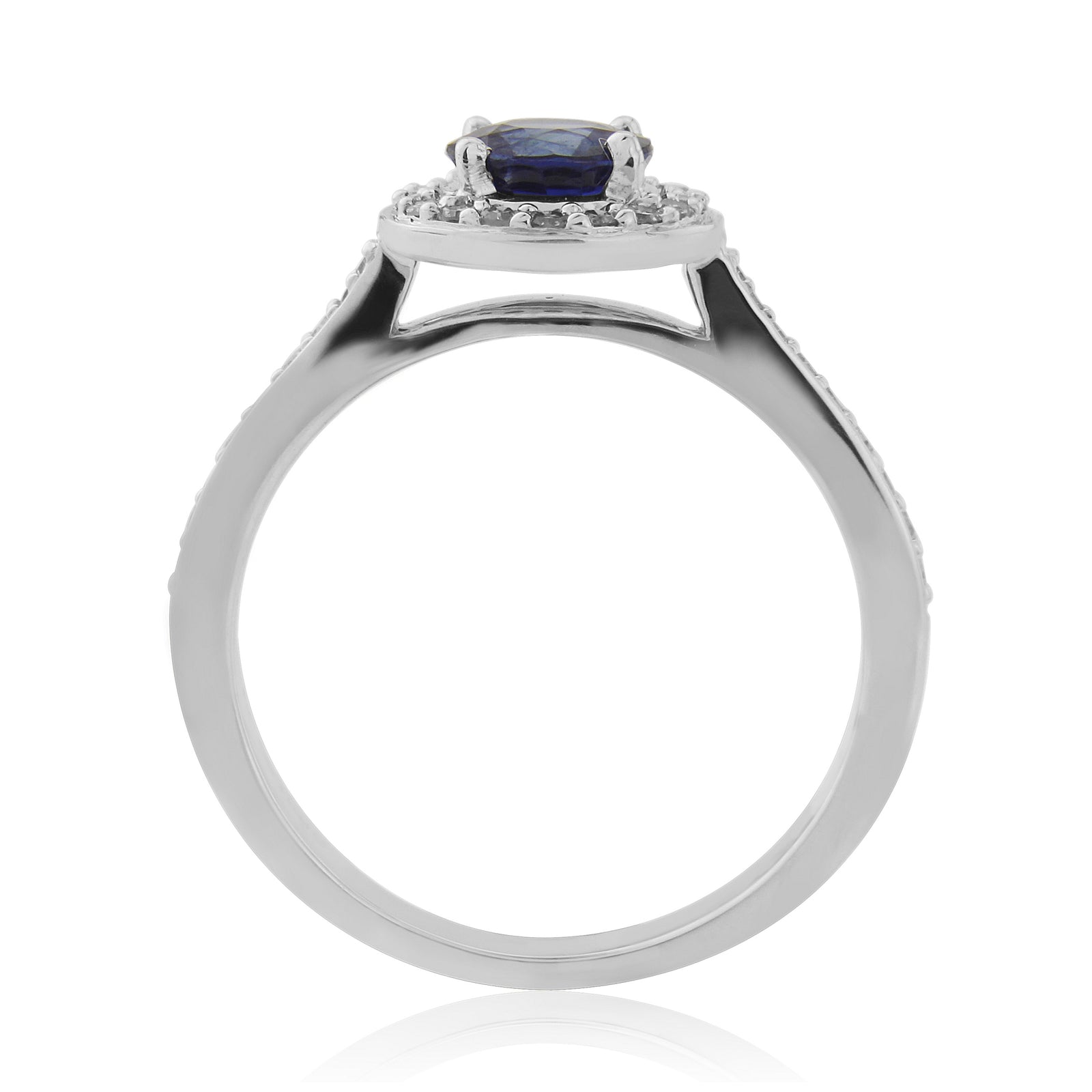 9ct white gold 5.50mm round sapphire & diamond cluster ring with diamond shoulders 0.21ct