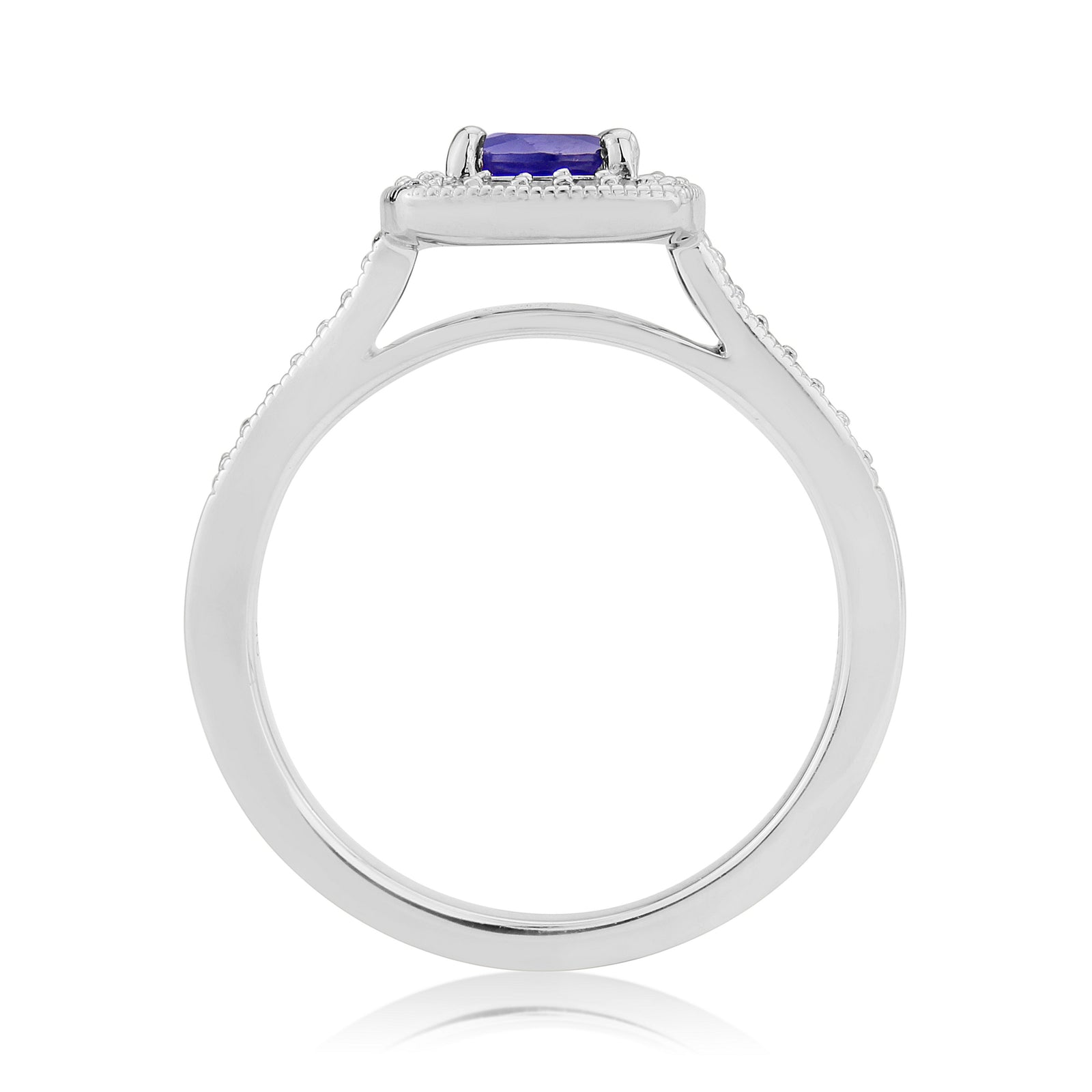 9ct white gold 5mm round sapphire & diamond cluster ring with diamond set shoulders 0.17ct