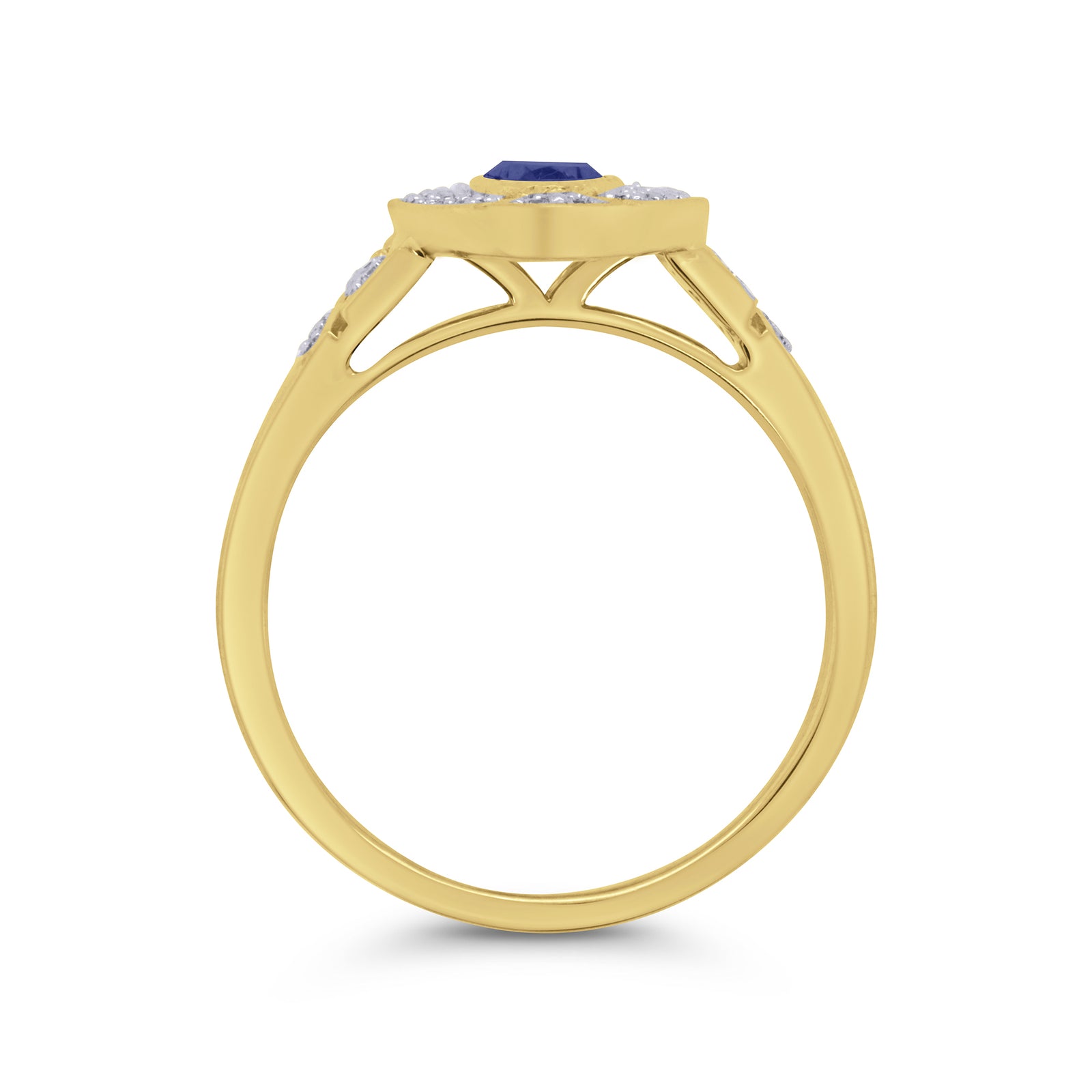 9ct gold 6x4mm oval sapphire & antique style diamond cluster ring 0.18ct