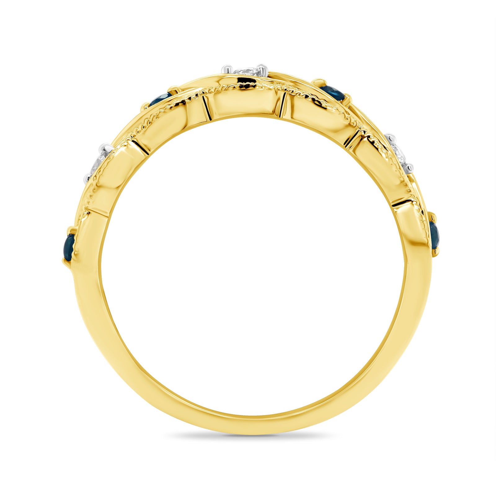 9ct gold sapphire & diamond milgrain edge swirl half eternity ring 0.04ct