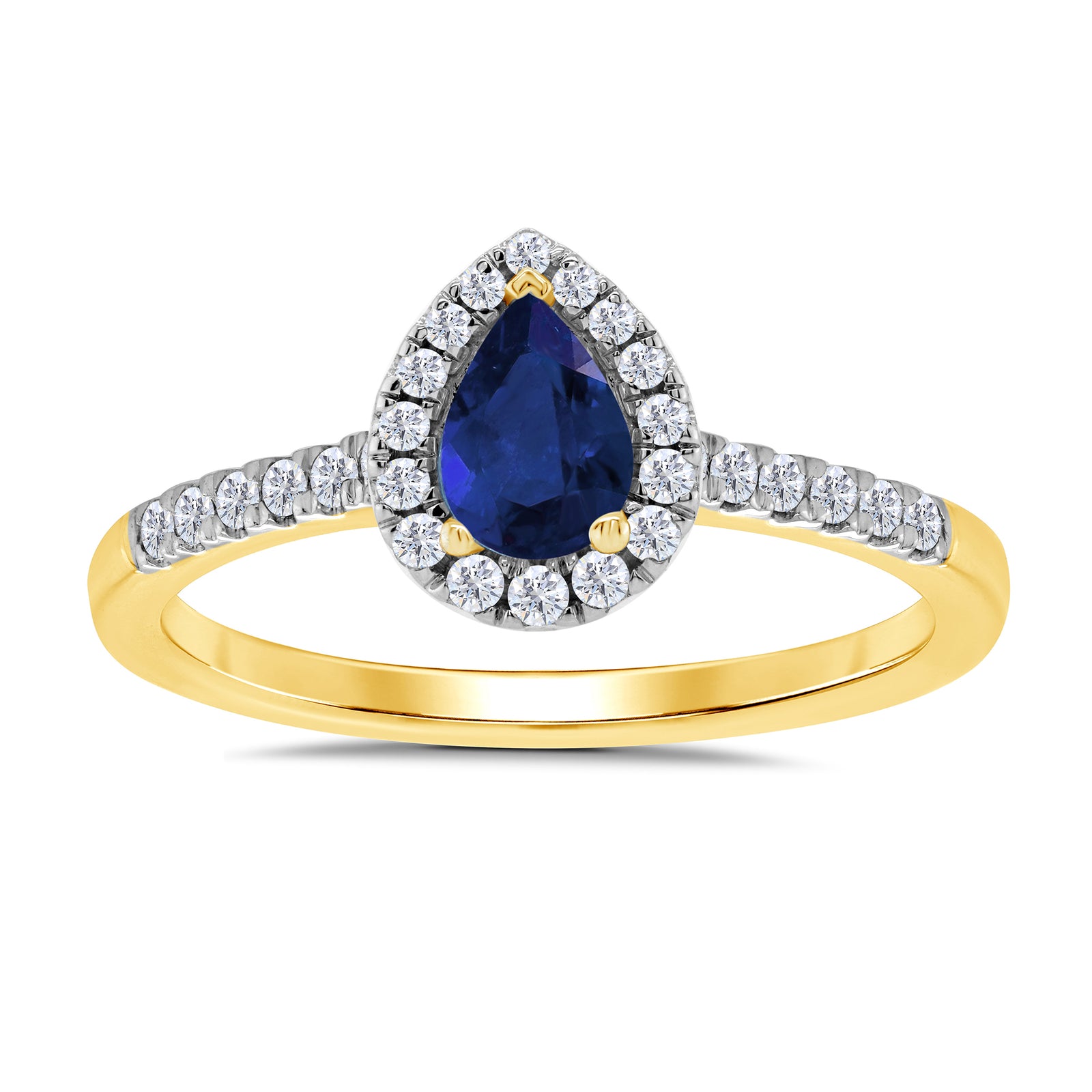 9ct gold 6x4mm pear shape sapphire & diamond cluster ring with diamond set shoulders 0.20ct