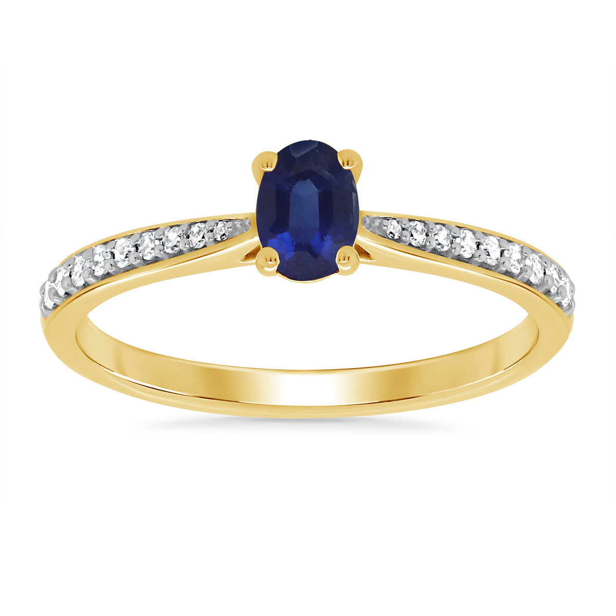 9ct gold 6x4mm oval sapphire &amp; diamond set shoulders ring 0.12ct