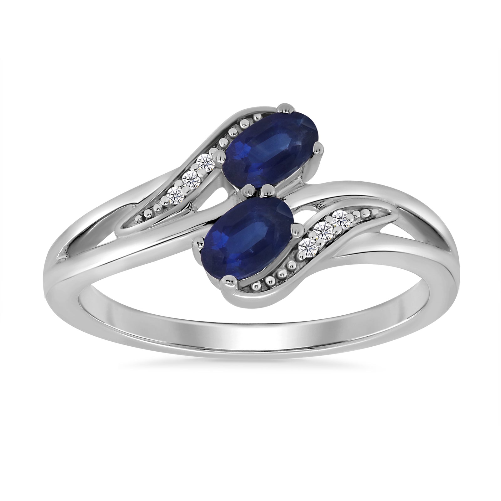 9ct white gold 5x3mm oval sapphires & diamond cross over ring 0.02ct