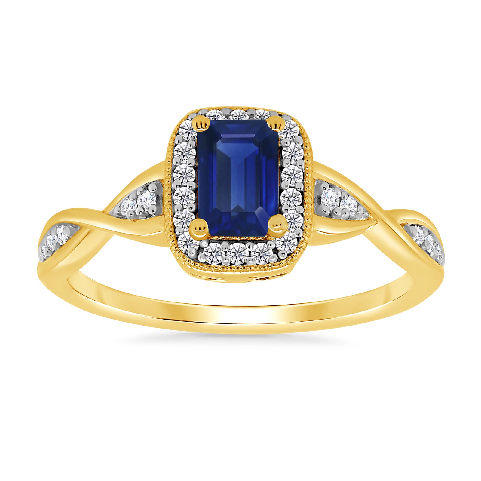 9ct gold 6x4mm octagon sapphire & diamond cluster ring 0.14ct