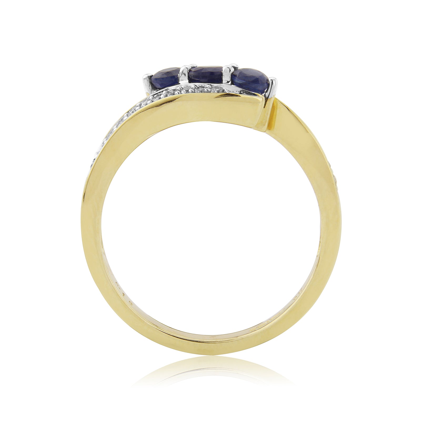 9ct gold three stone sapphire ( 1 x 3.75mm & 2 x 3.25mm) & diamond cross-over ring 0.17ct