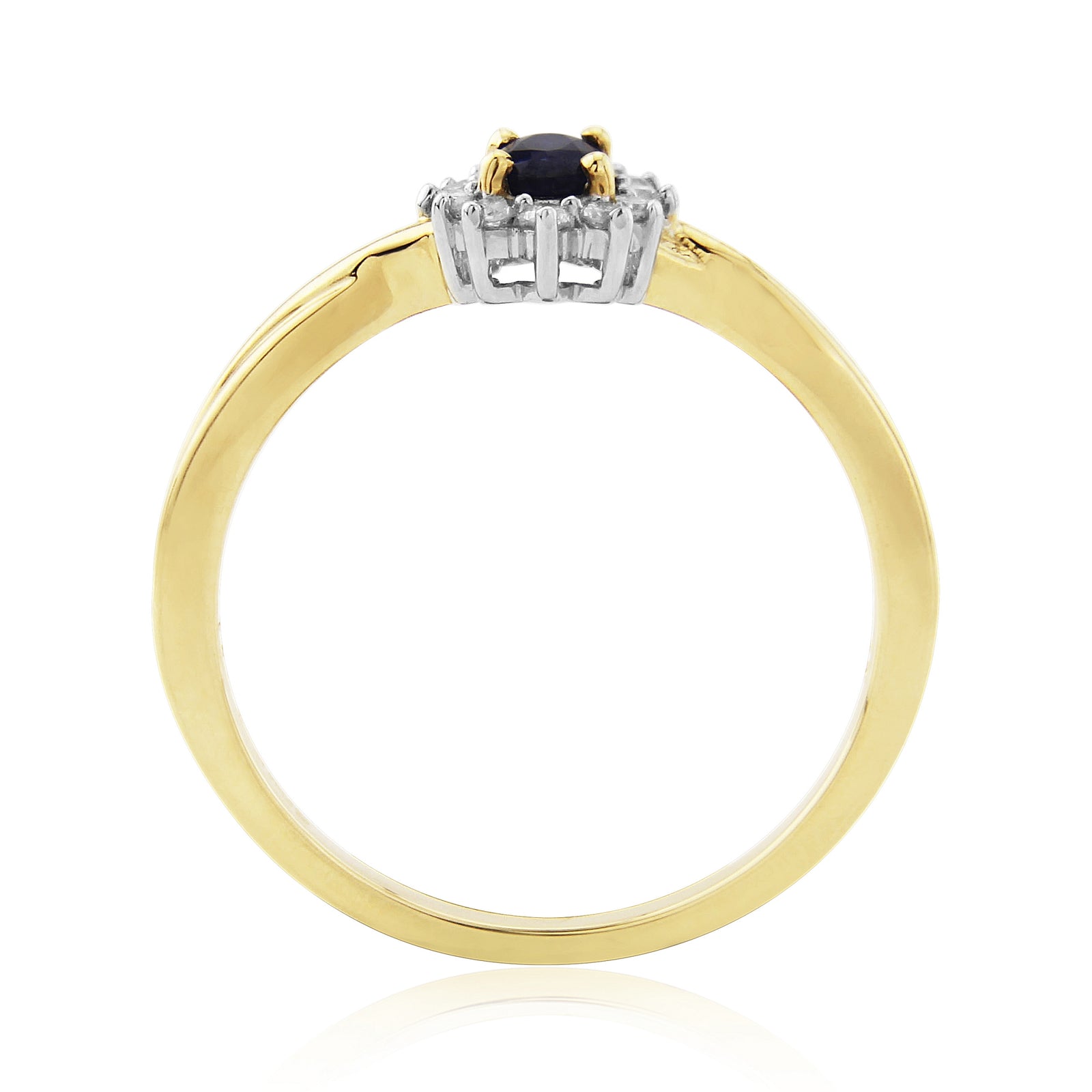 9ct gold 5x3mm oval sapphire & diamond cluster ring with crossover shank 0.11ct