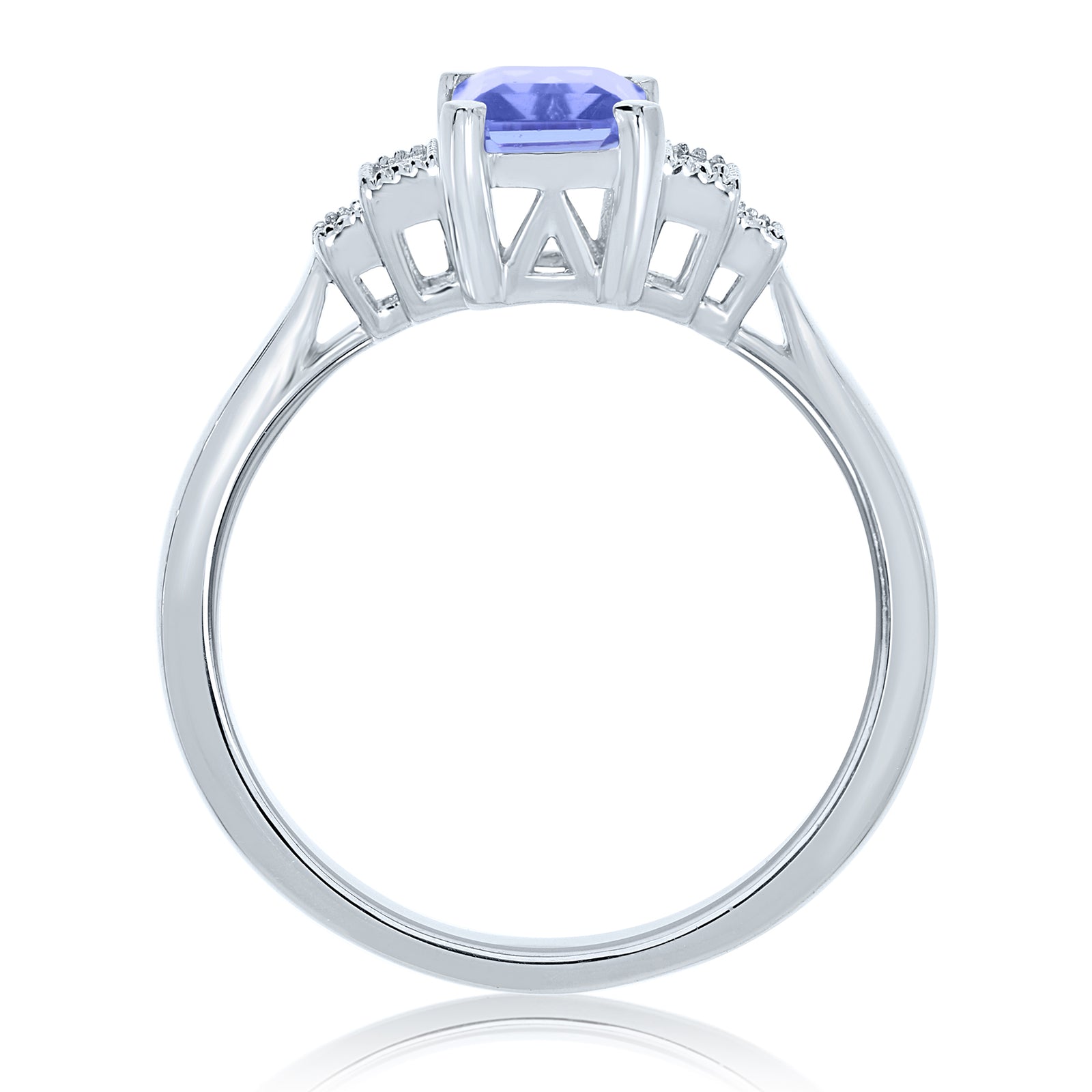 9ct white gold 7x5mm octagon cut tanzanite & stepped diamond shoulders ring 0.11ct