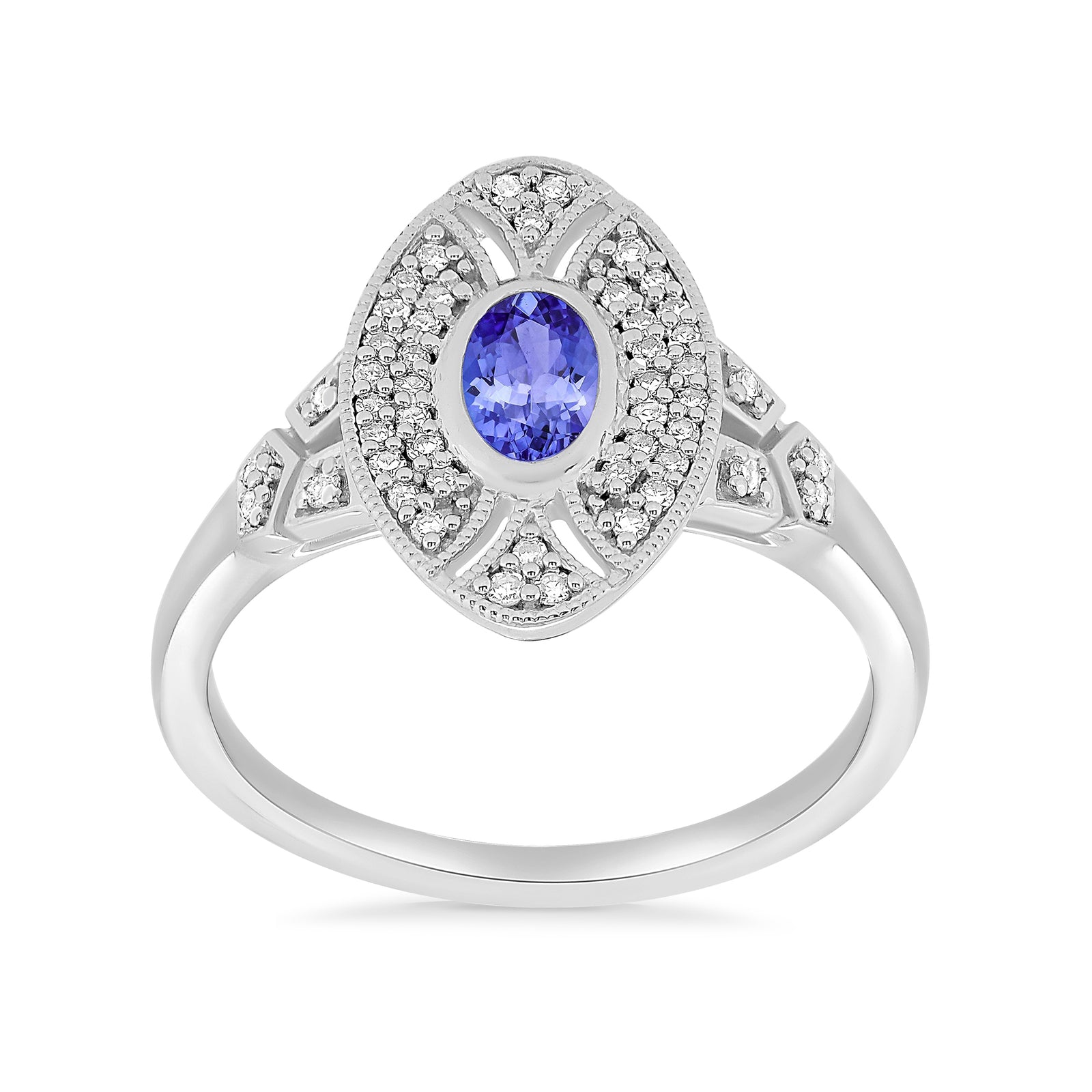 9ct white gold 6x4mm oval tanzanite & antique style diamond cluster ring 0.18ct
