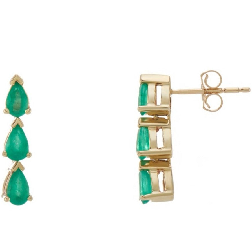 9ct gold triple 5x3mm pear shape emerald drop earrings