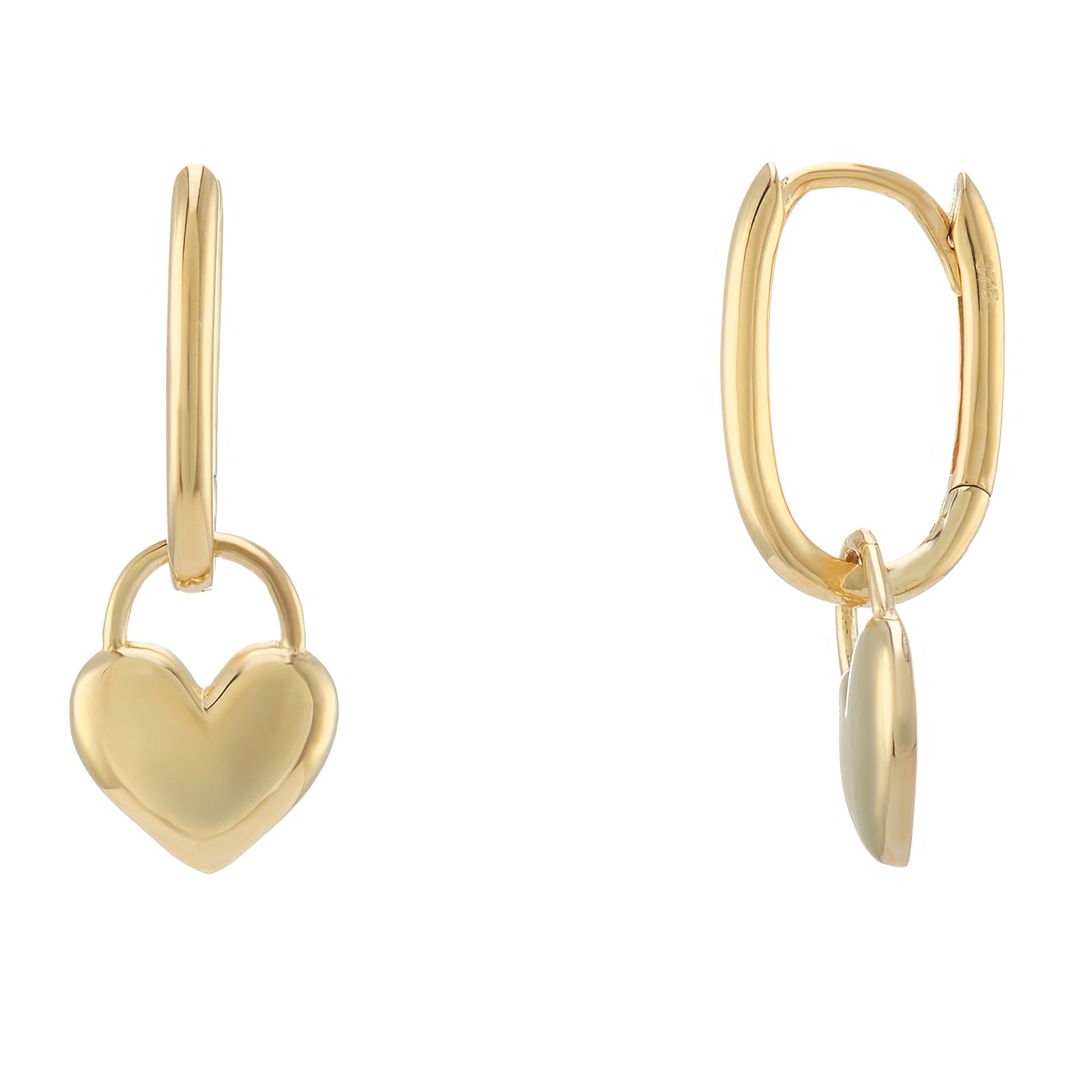9ct gold huggy & plain heart drop earrings