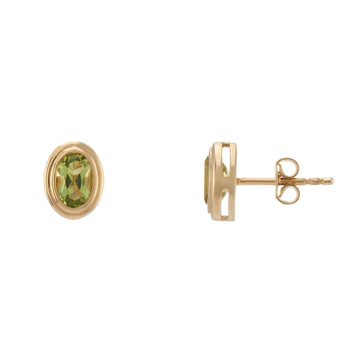 9ct gold 6x4mm oval rub over set peridot stud earrings