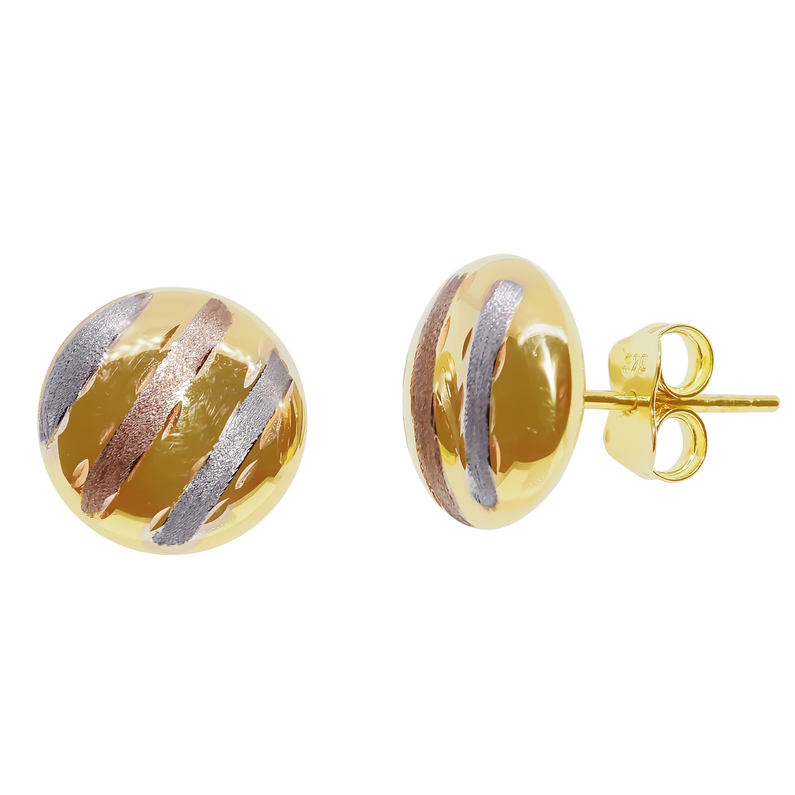9ct gold 3 colour 11mm round stud earrings