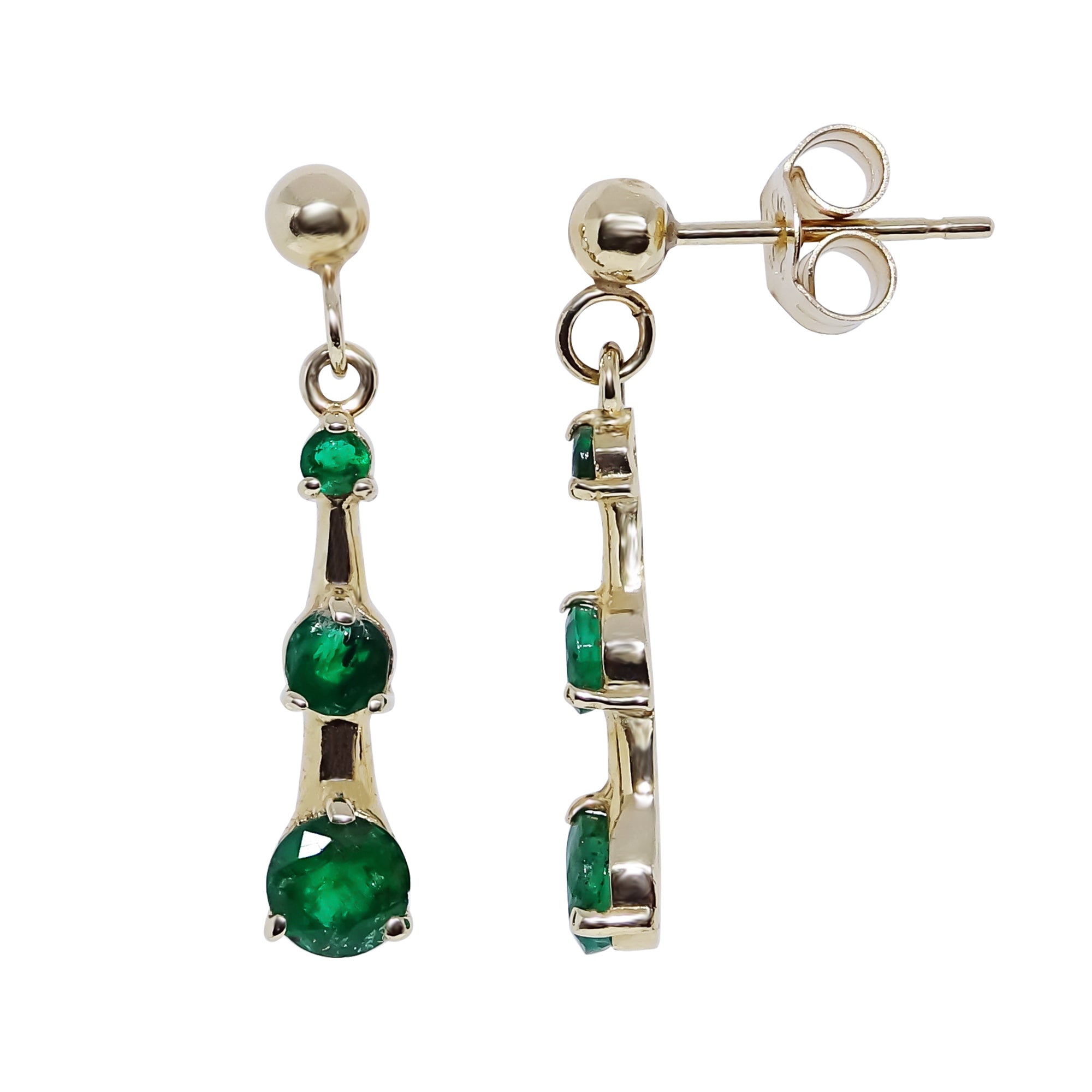 9ct gold triple round emerald (2,3 & 4mm) drop earrings