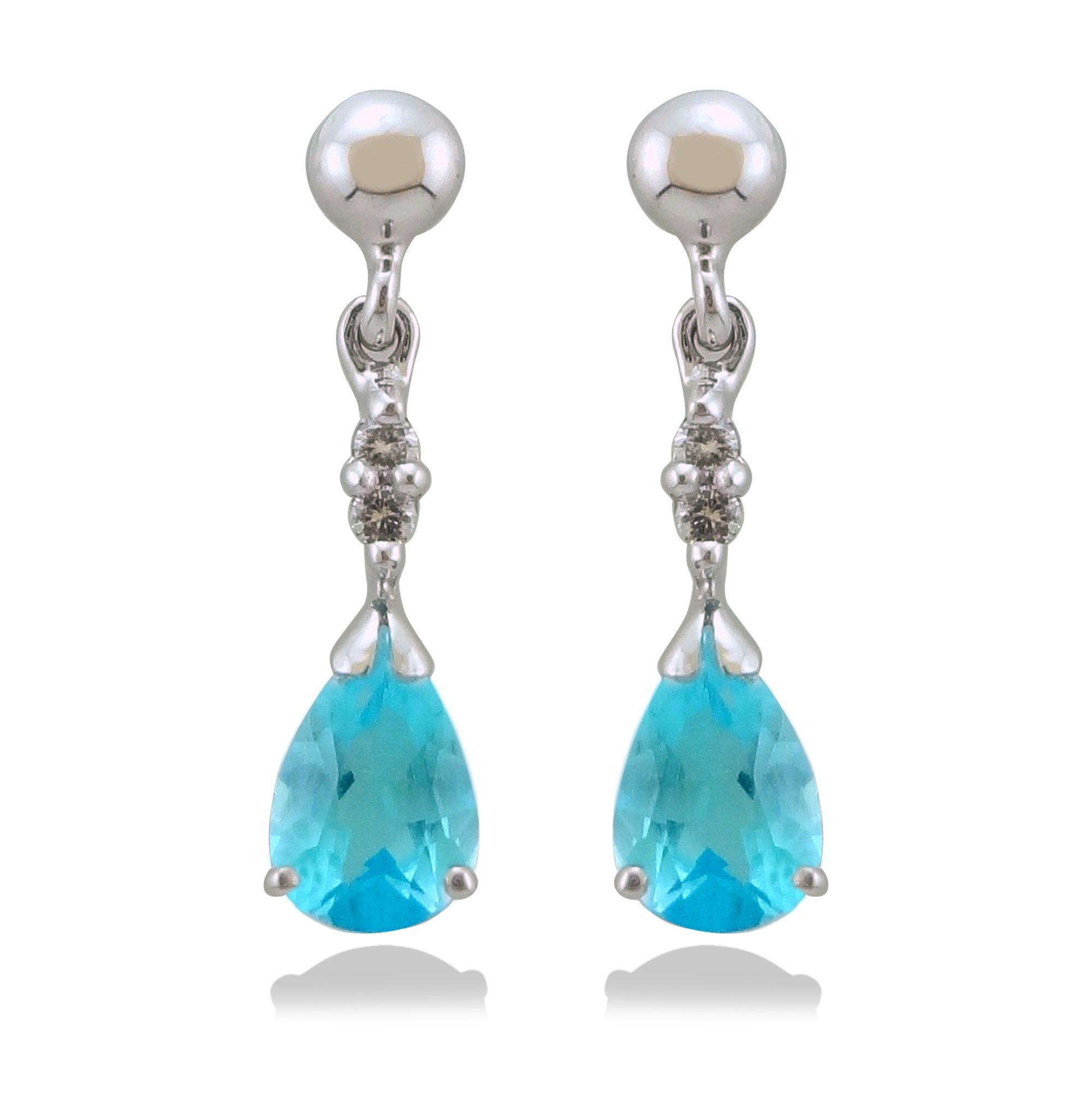 9ct white gold 6x4mm pear shape blue topaz & diamond drop earrings 0.04ct